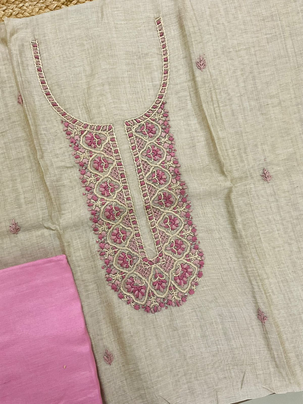 Soft Slub Chanderi Jamdani Weaved Embroidered Suit - Beige