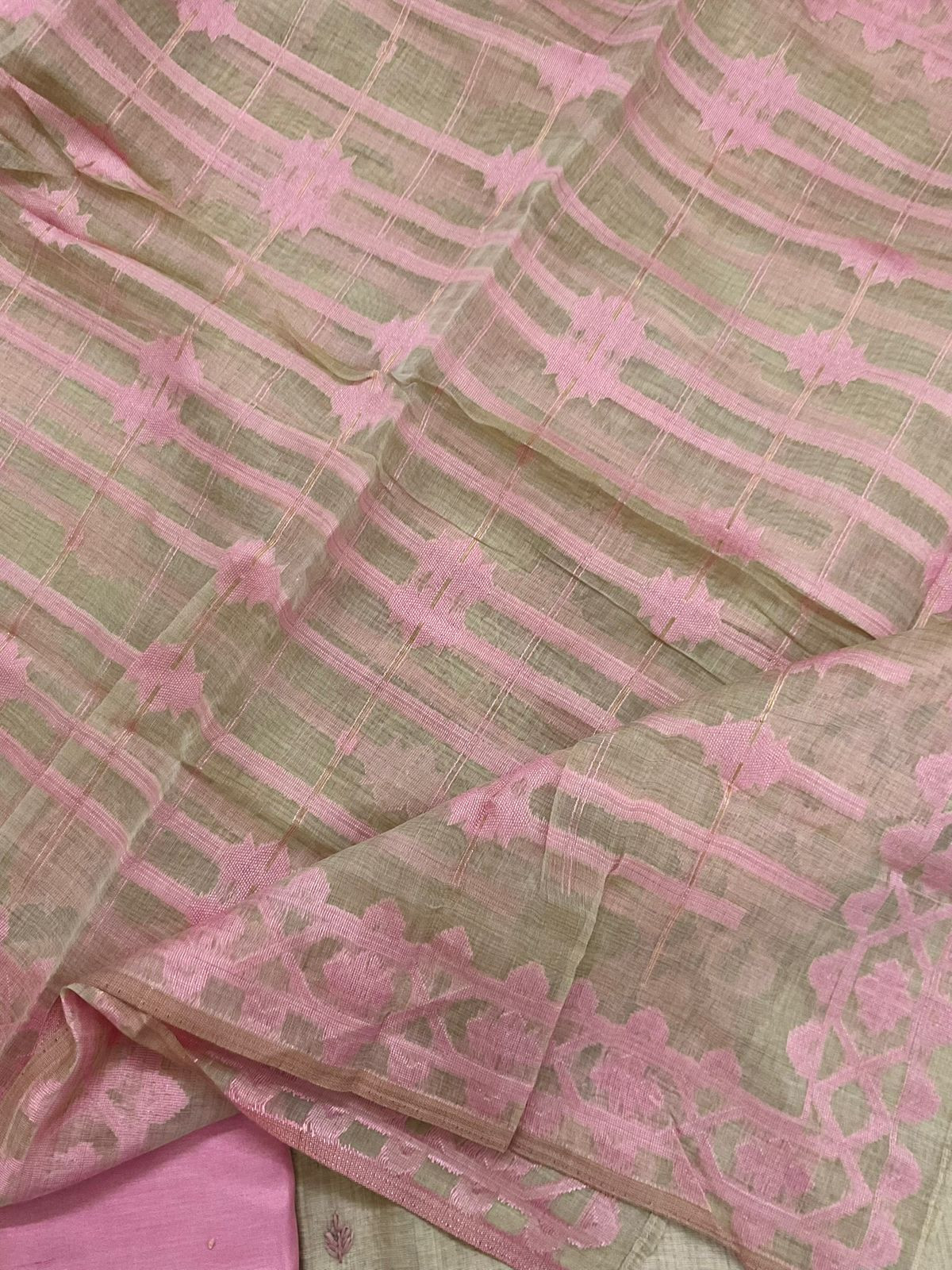 Soft Slub Chanderi Jamdani Weaved Embroidered Suit - Beige