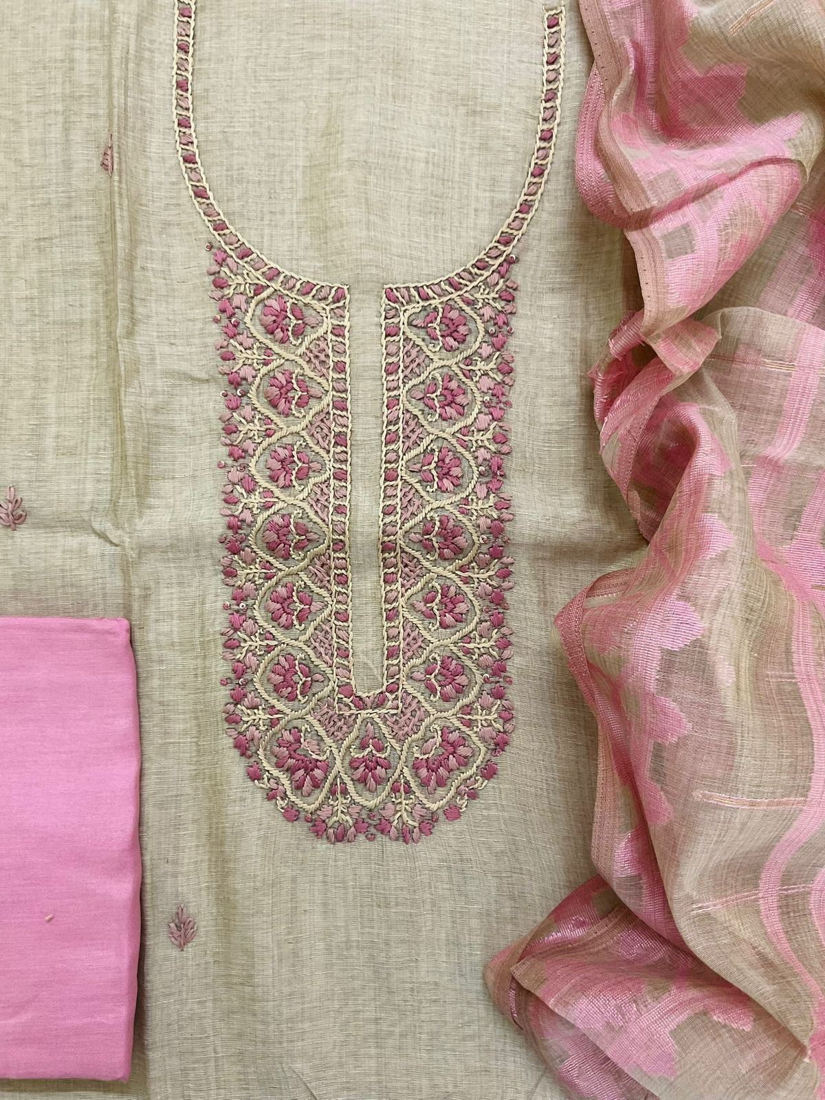 Soft Slub Chanderi Jamdani Weaved Embroidered Suit - Beige