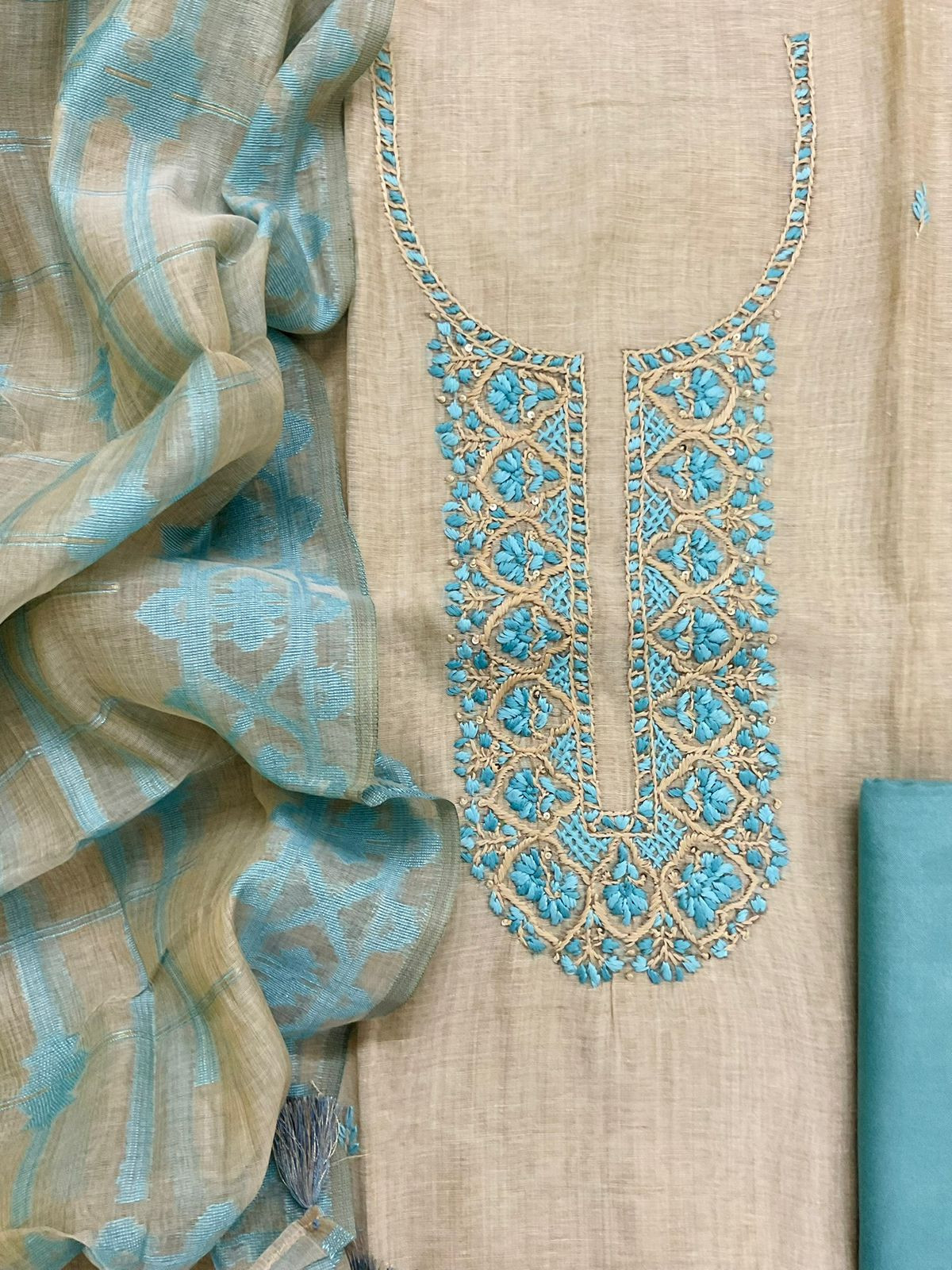 Soft Slub Chanderi Jamdani Weaved Embroidered Suit - Beige