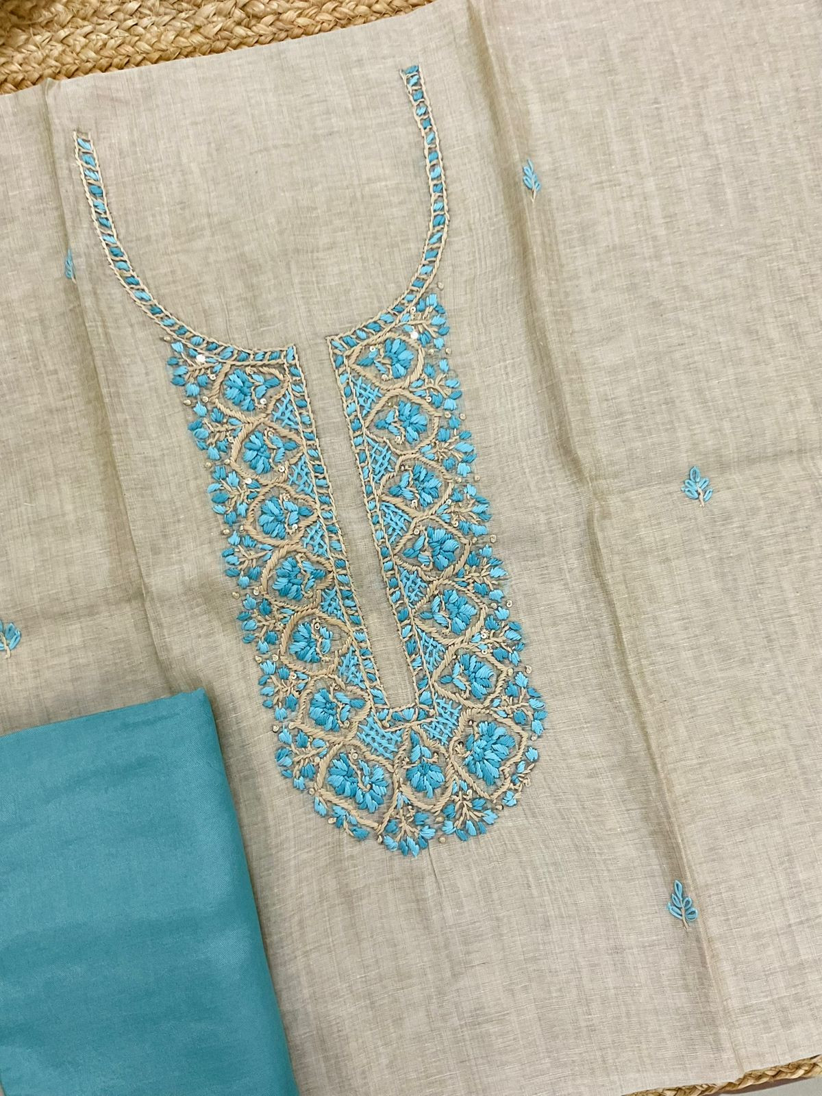 Soft Slub Chanderi Jamdani Weaved Embroidered Suit - Beige