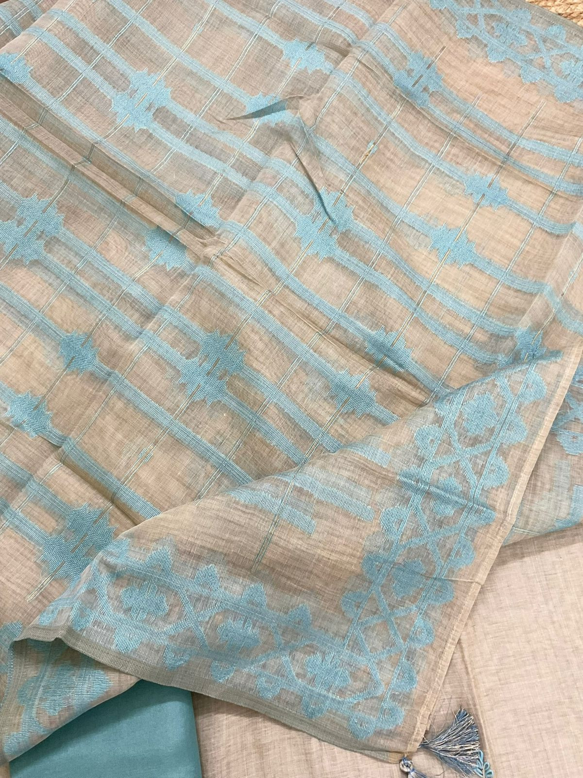 Soft Slub Chanderi Jamdani Weaved Embroidered Suit - Beige