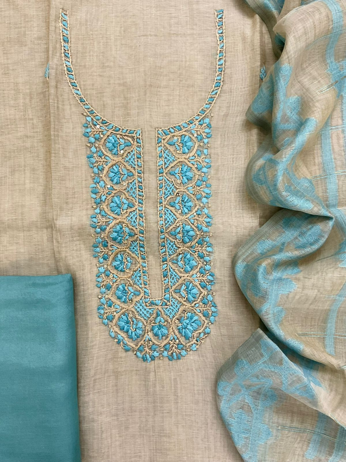 Soft Slub Chanderi Jamdani Weaved Embroidered Suit - Beige