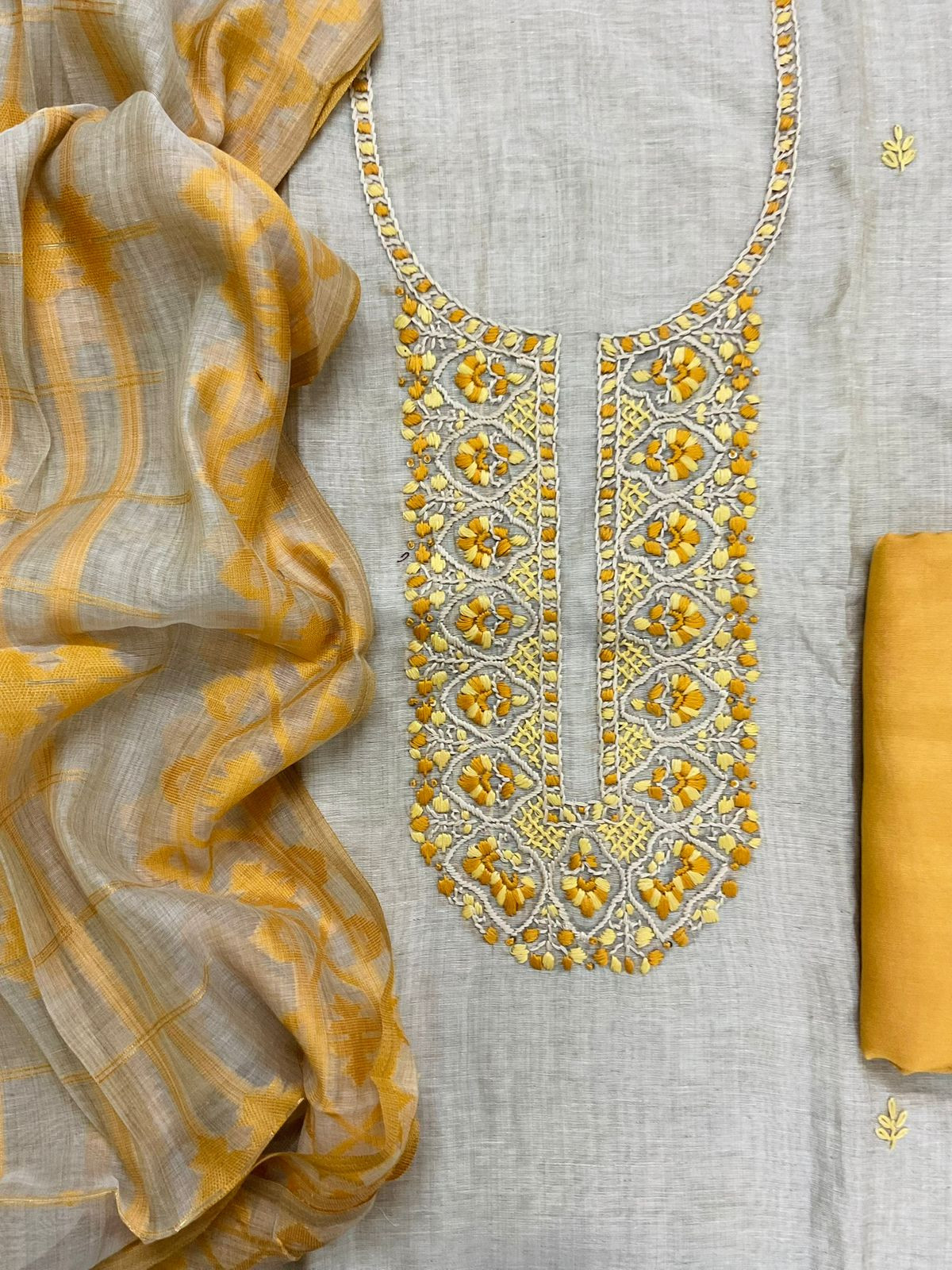 Soft Slub Chanderi Jamdani Weaved Embroidered Suit - Beige