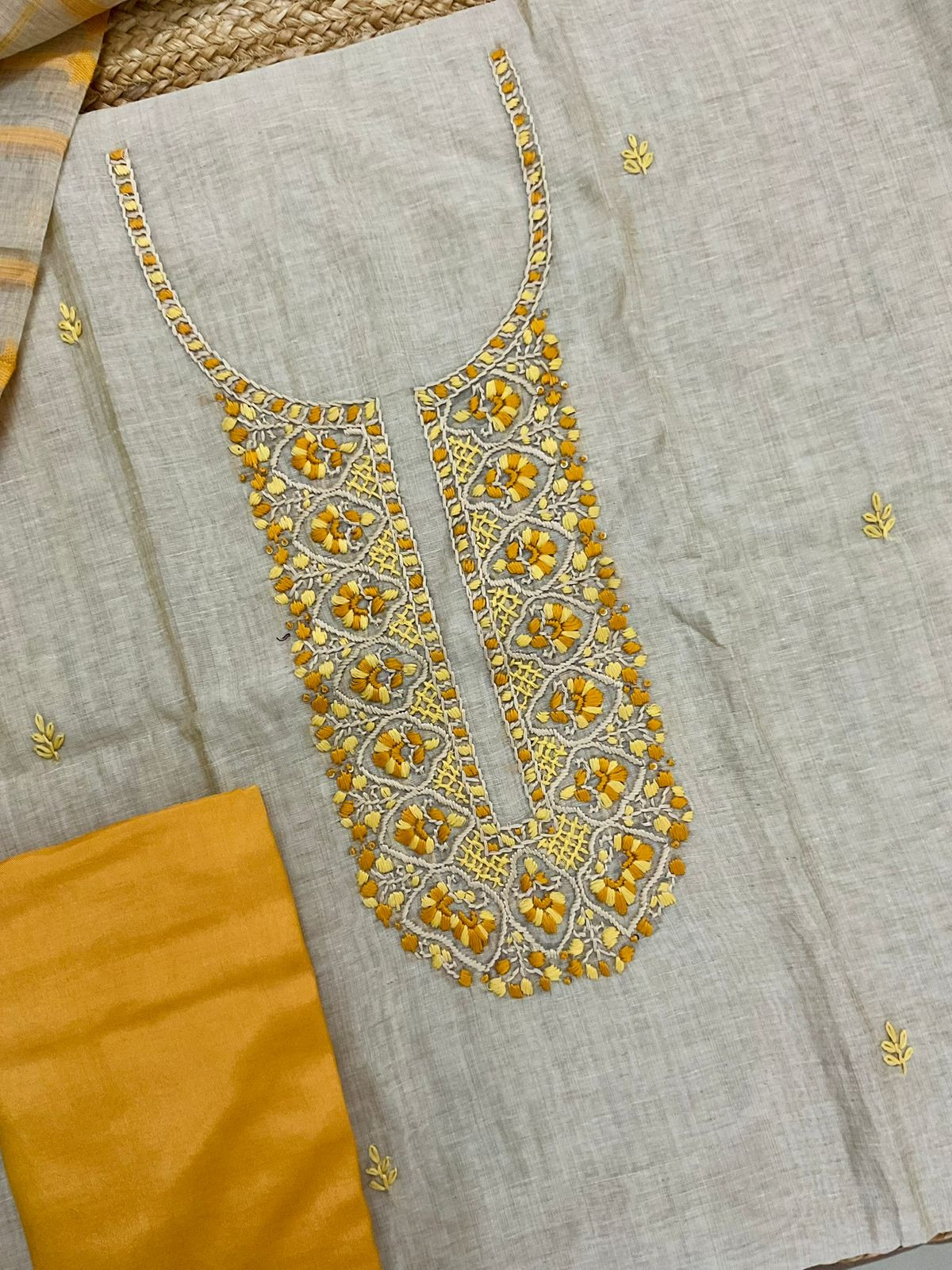 Soft Slub Chanderi Jamdani Weaved Embroidered Suit - Beige