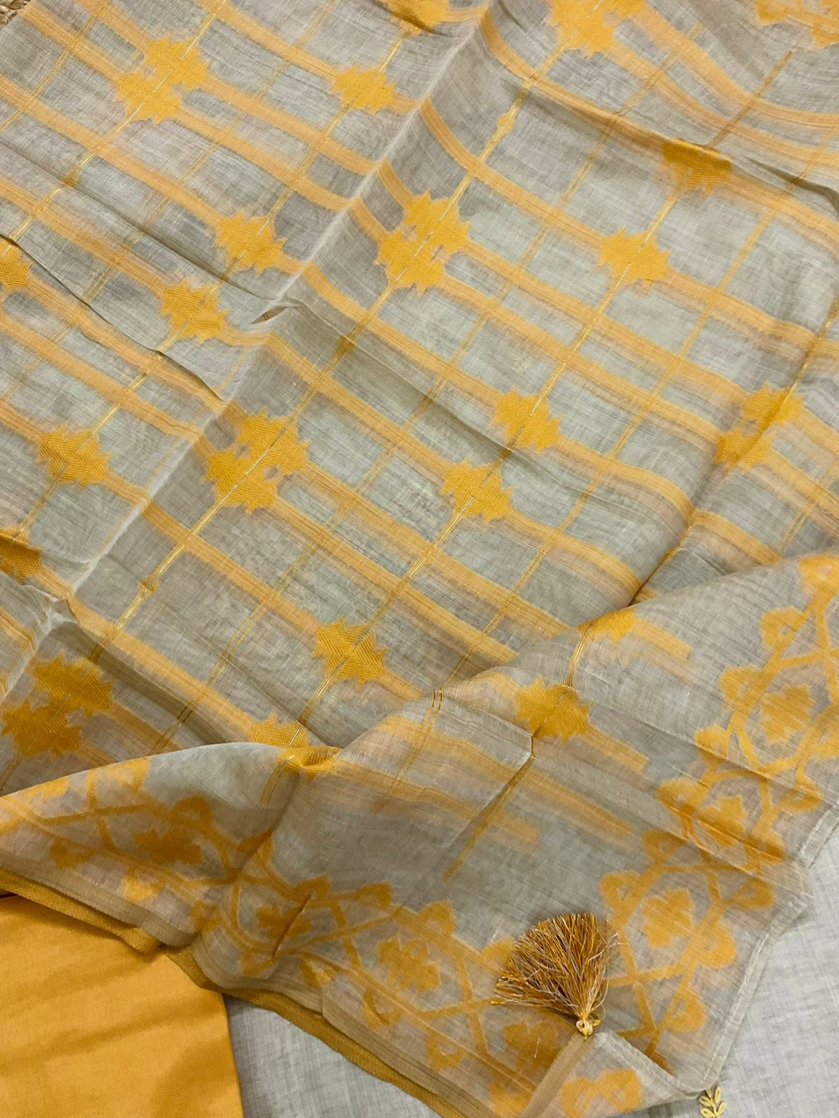 Soft Slub Chanderi Jamdani Weaved Embroidered Suit - Beige