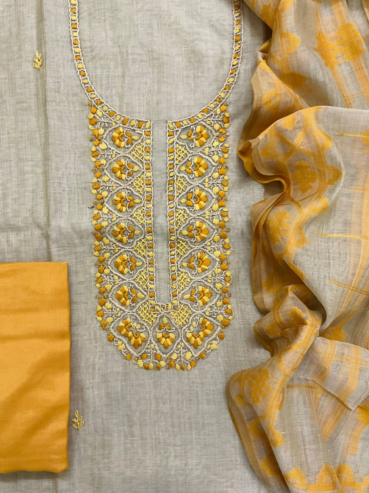 Soft Slub Chanderi Jamdani Weaved Embroidered Suit - Beige