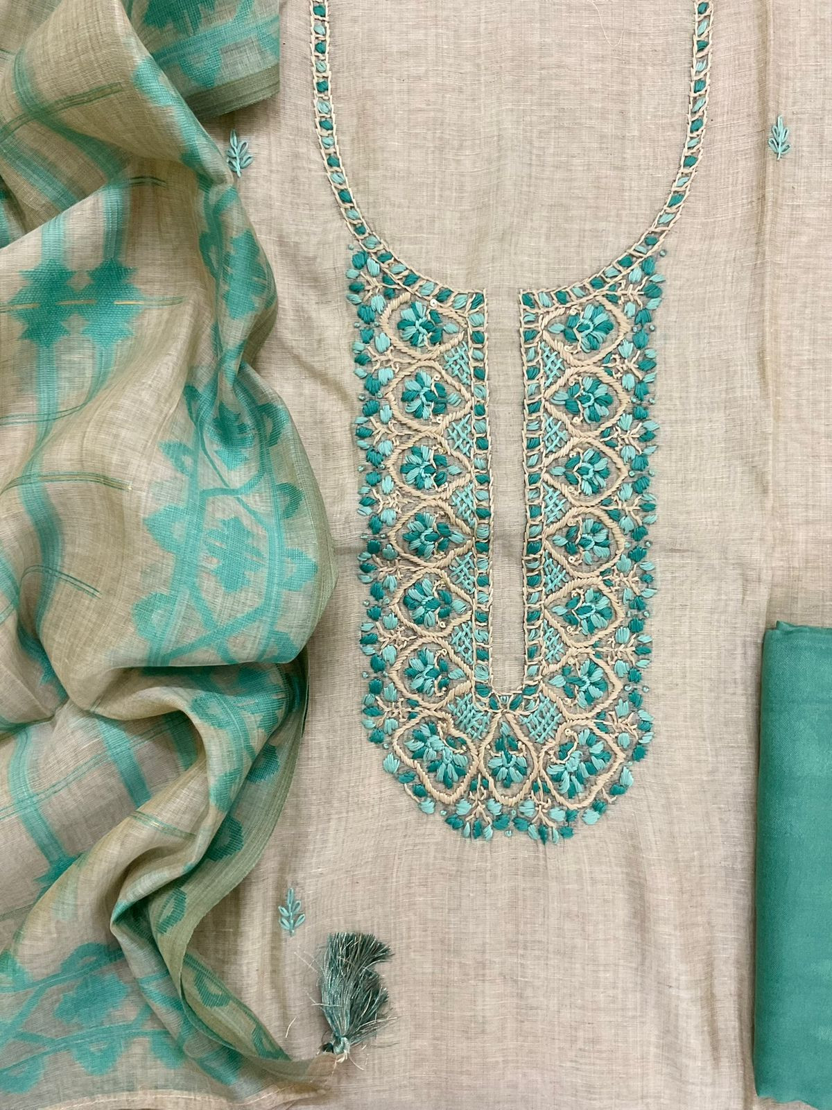 Soft Slub Chanderi Jamdani Weaved Embroidered Suit - Beige