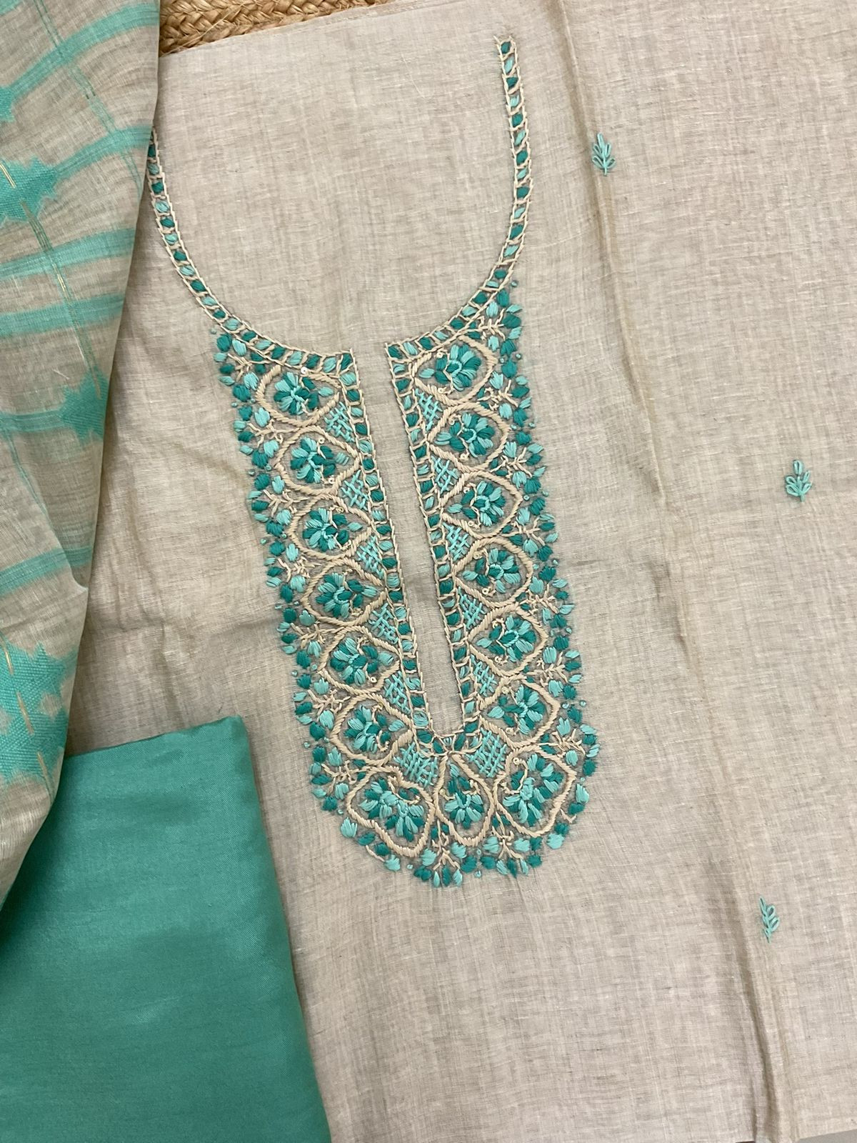 Soft Slub Chanderi Jamdani Weaved Embroidered Suit - Beige