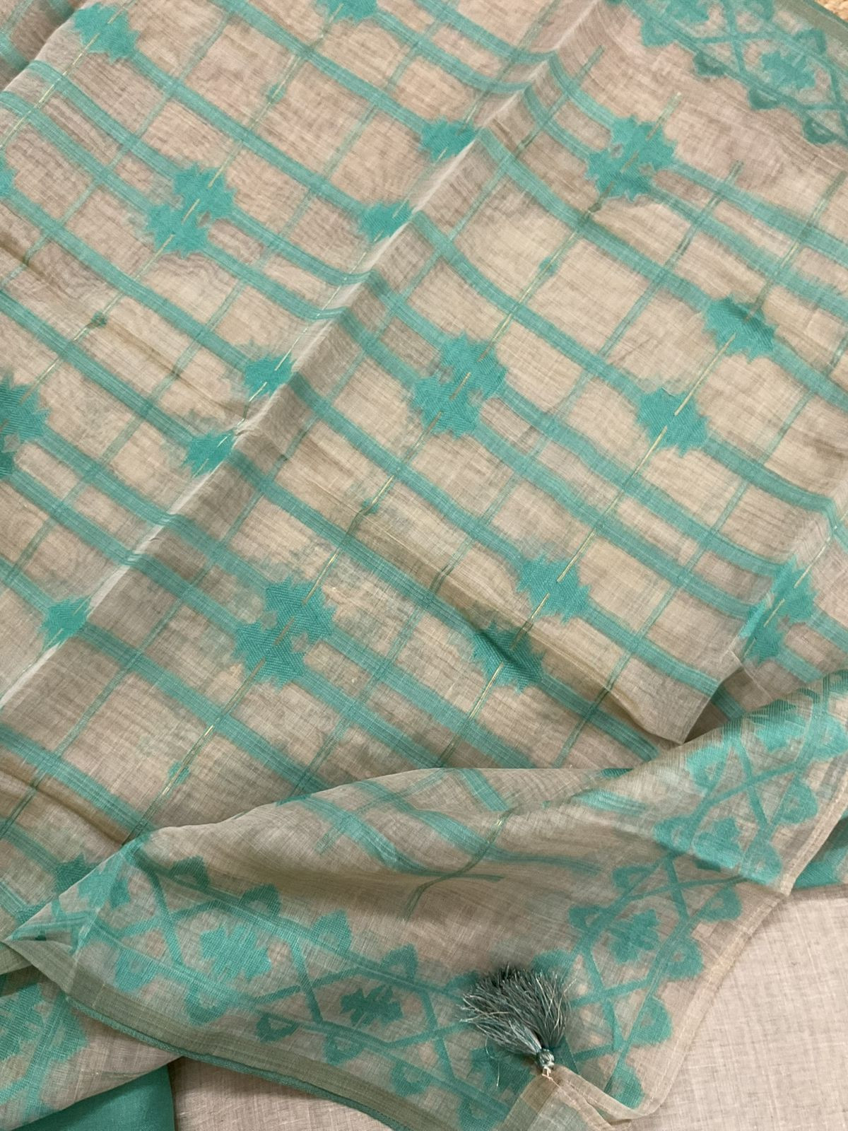 Soft Slub Chanderi Jamdani Weaved Embroidered Suit - Beige