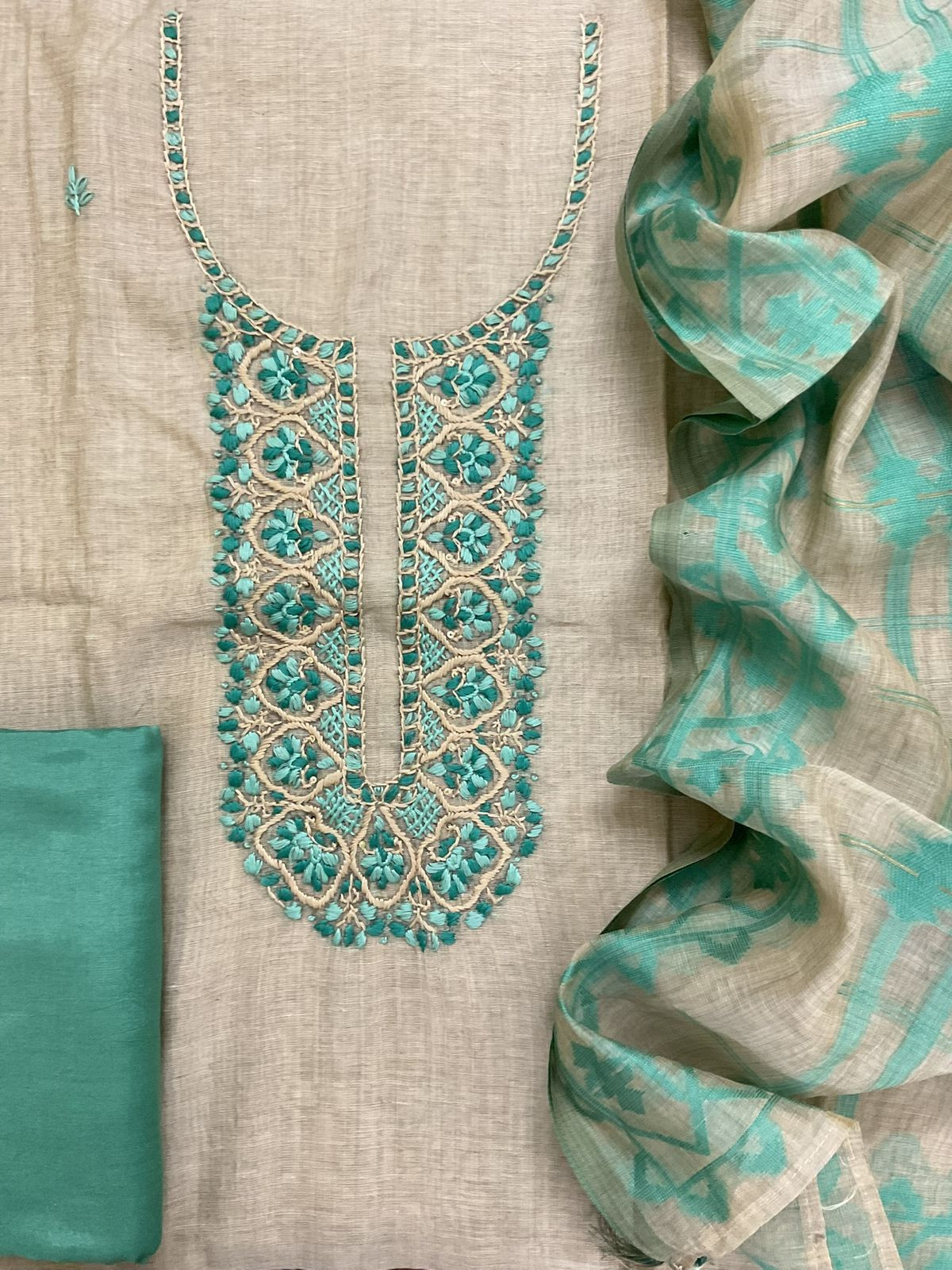 Soft Slub Chanderi Jamdani Weaved Embroidered Suit - Beige