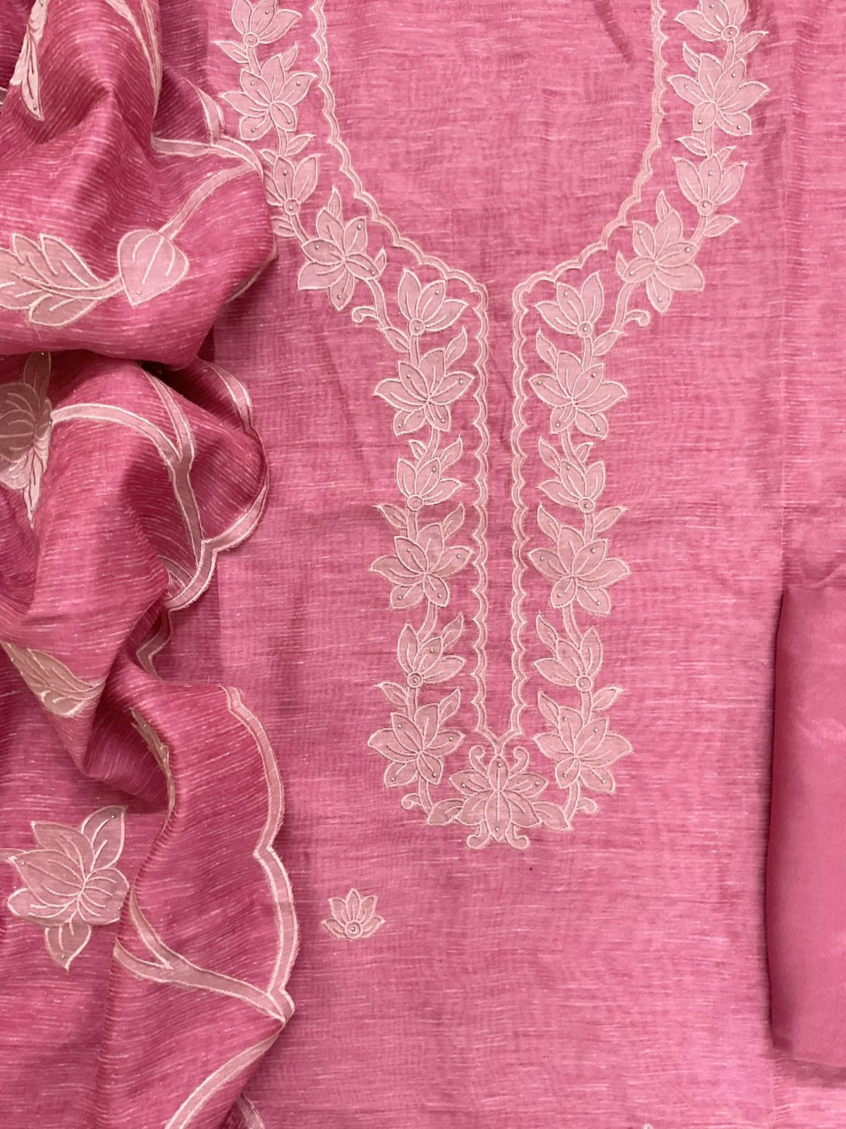 Soft Tissue Slub Cotton Printed Embroidered Suit - Pink