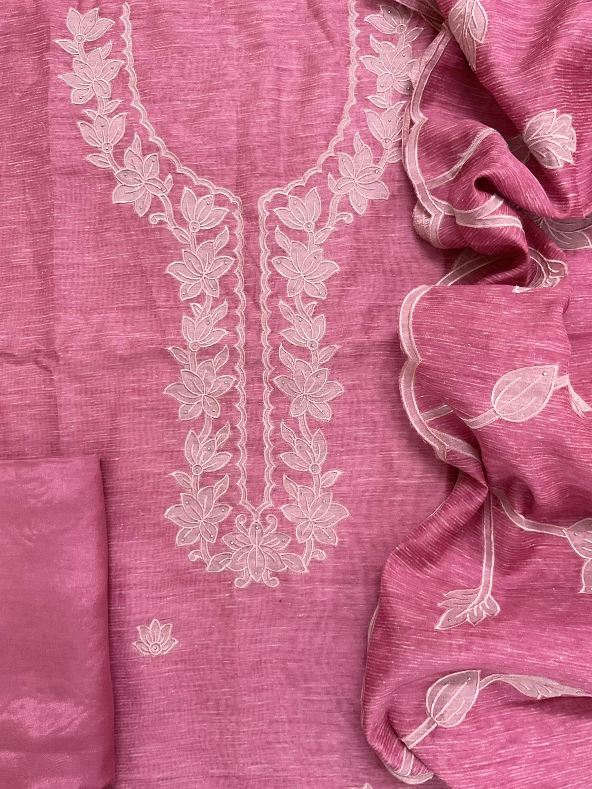 Soft Tissue Slub Cotton Printed Embroidered Suit - Pink