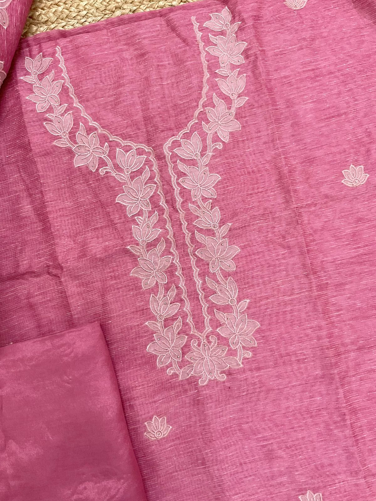 Soft Tissue Slub Cotton Printed Embroidered Suit - Pink