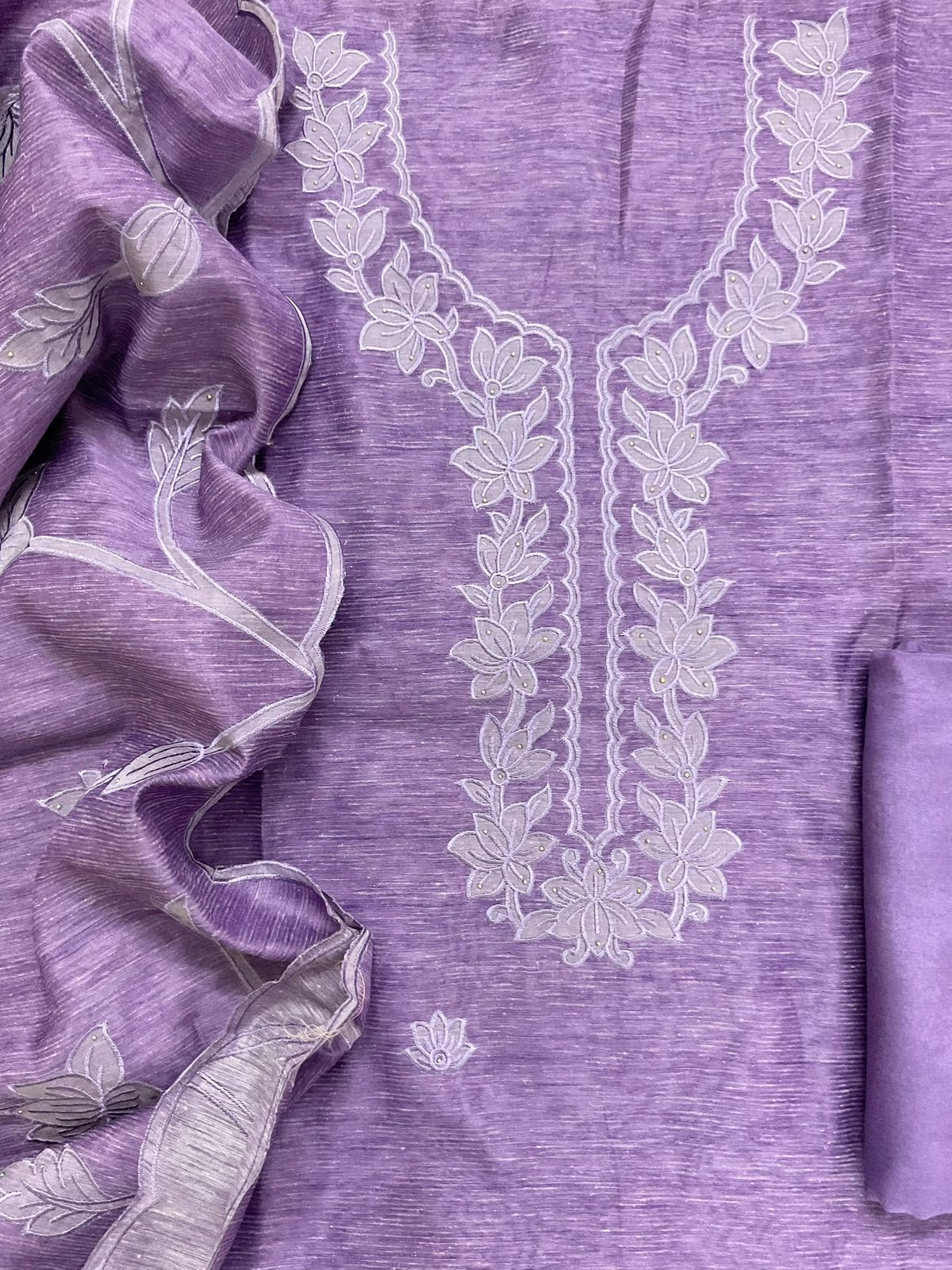 Soft Tissue Slub Cotton Printed Embroidered Suit - Lavender