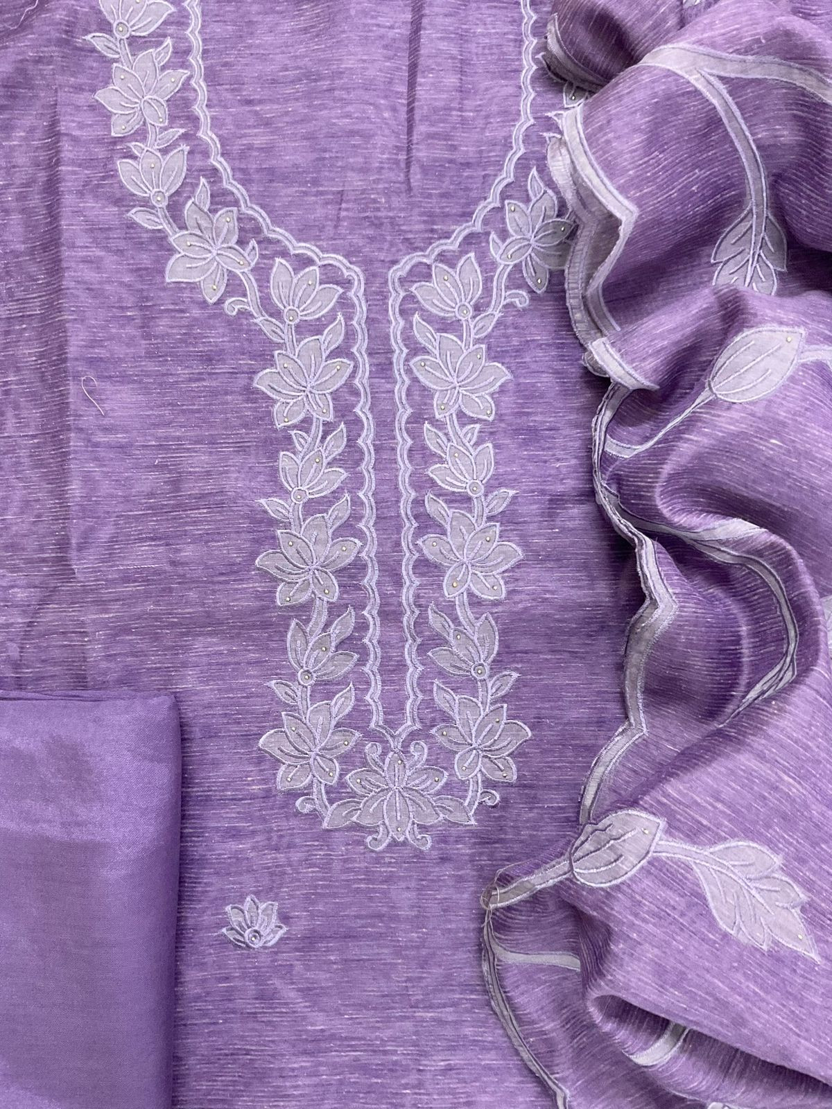 Soft Tissue Slub Cotton Printed Embroidered Suit - Lavender