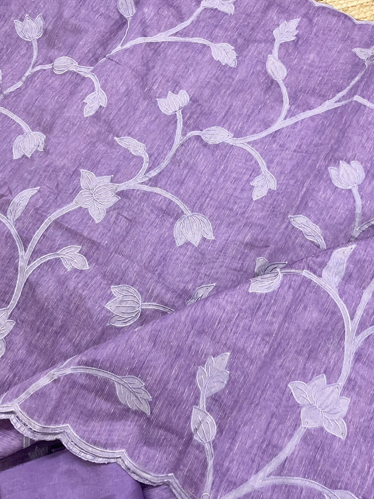 Soft Tissue Slub Cotton Printed Embroidered Suit - Lavender