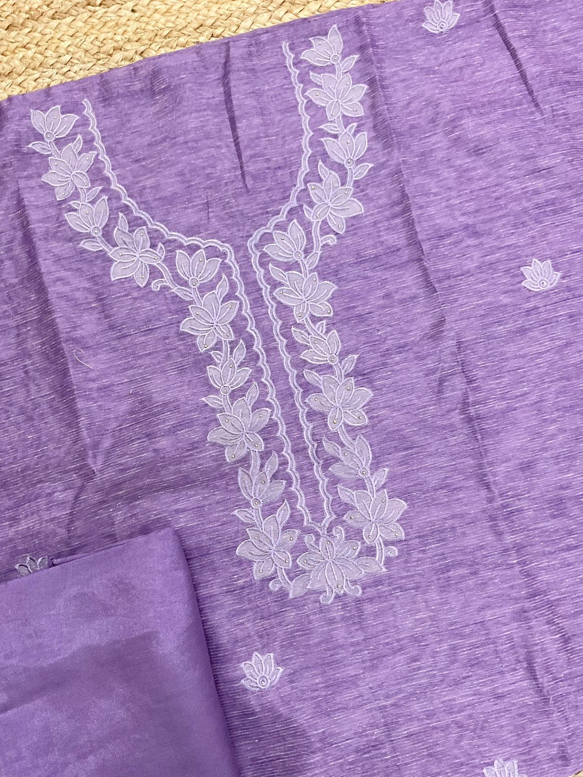 Soft Tissue Slub Cotton Printed Embroidered Suit - Lavender