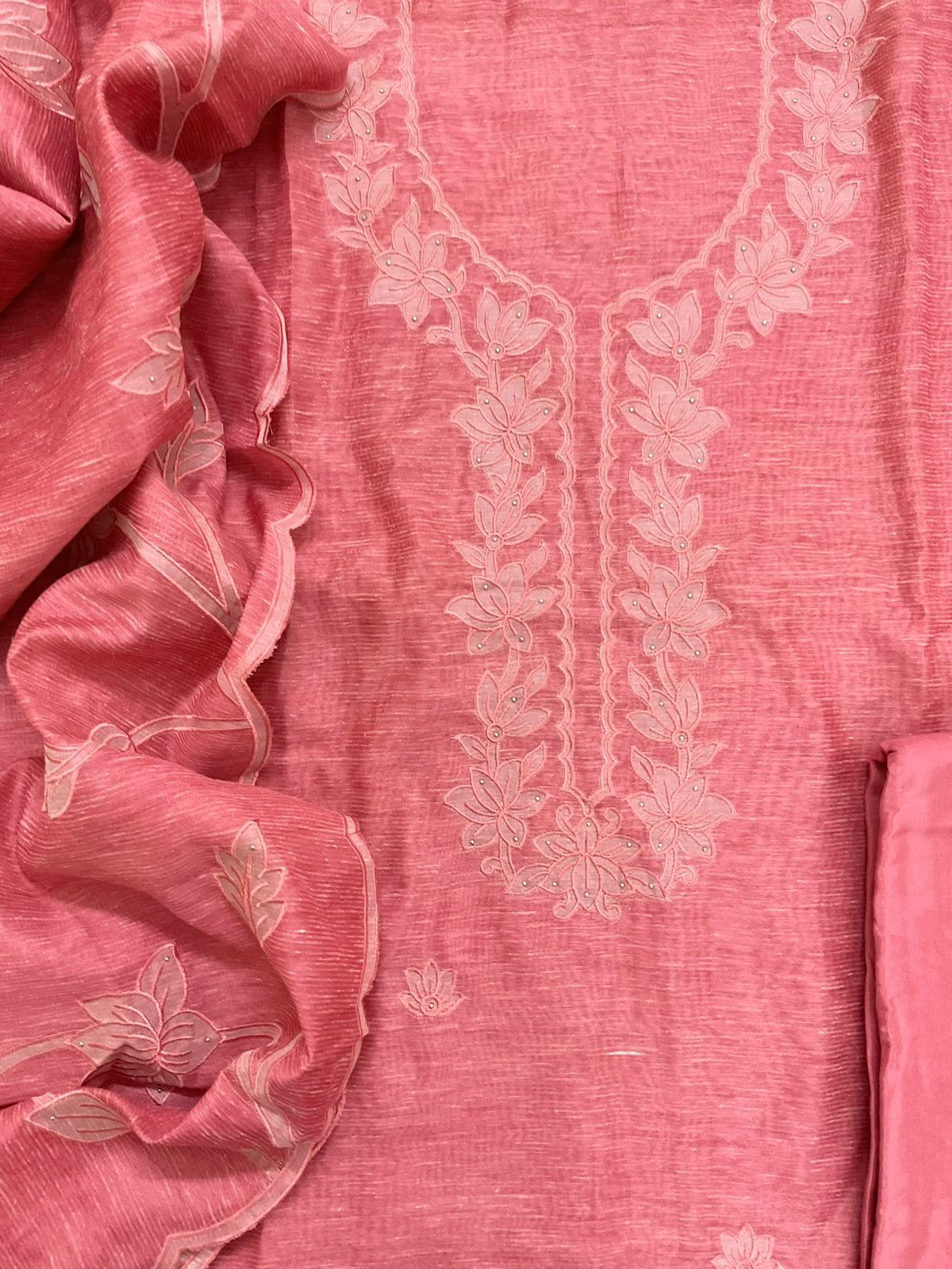 Soft Tissue Slub Cotton Printed Embroidered Suit - Peach