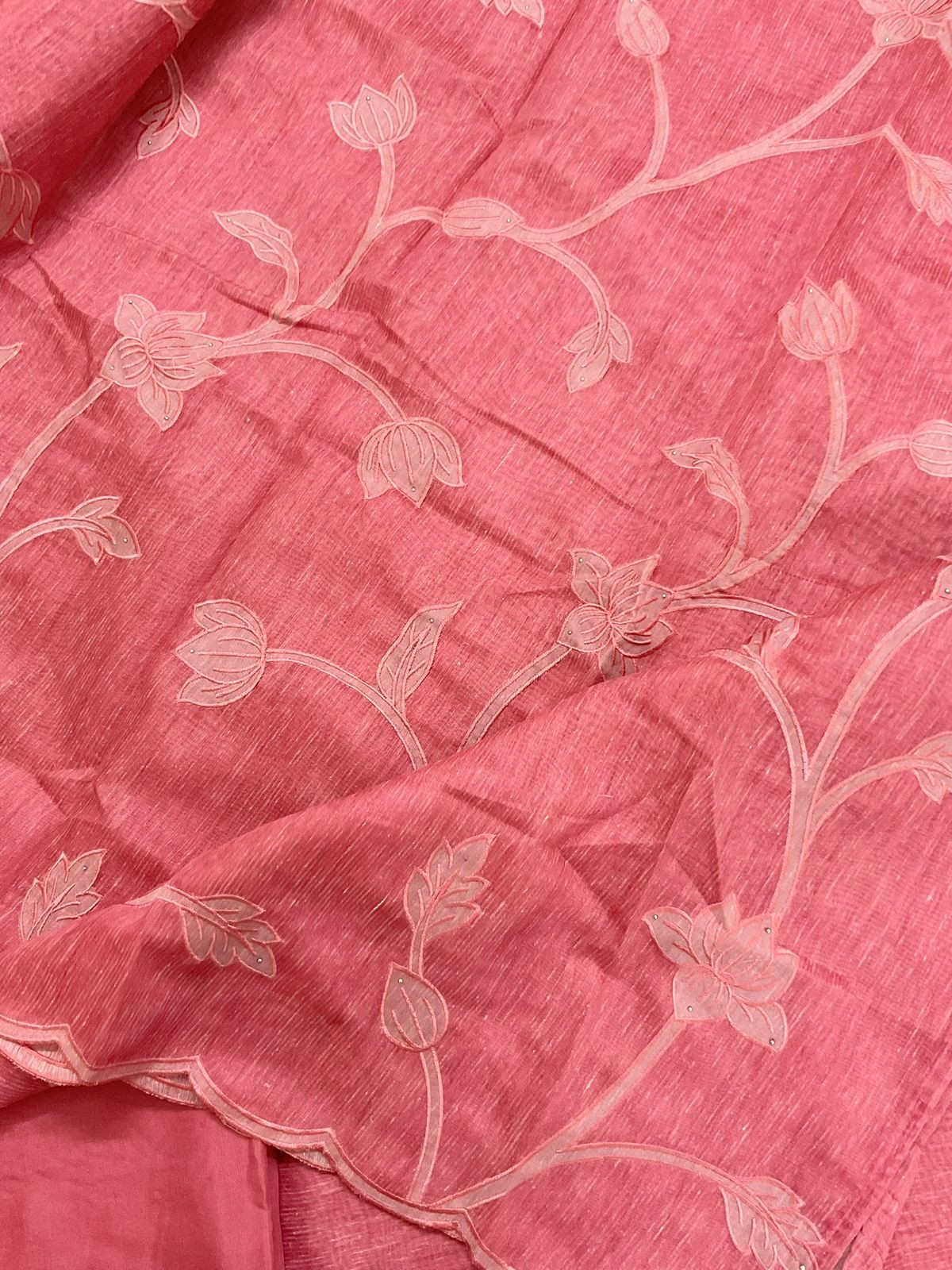 Soft Tissue Slub Cotton Printed Embroidered Suit - Peach