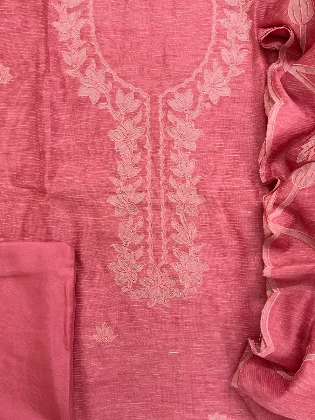 Soft Tissue Slub Cotton Printed Embroidered Suit - Peach