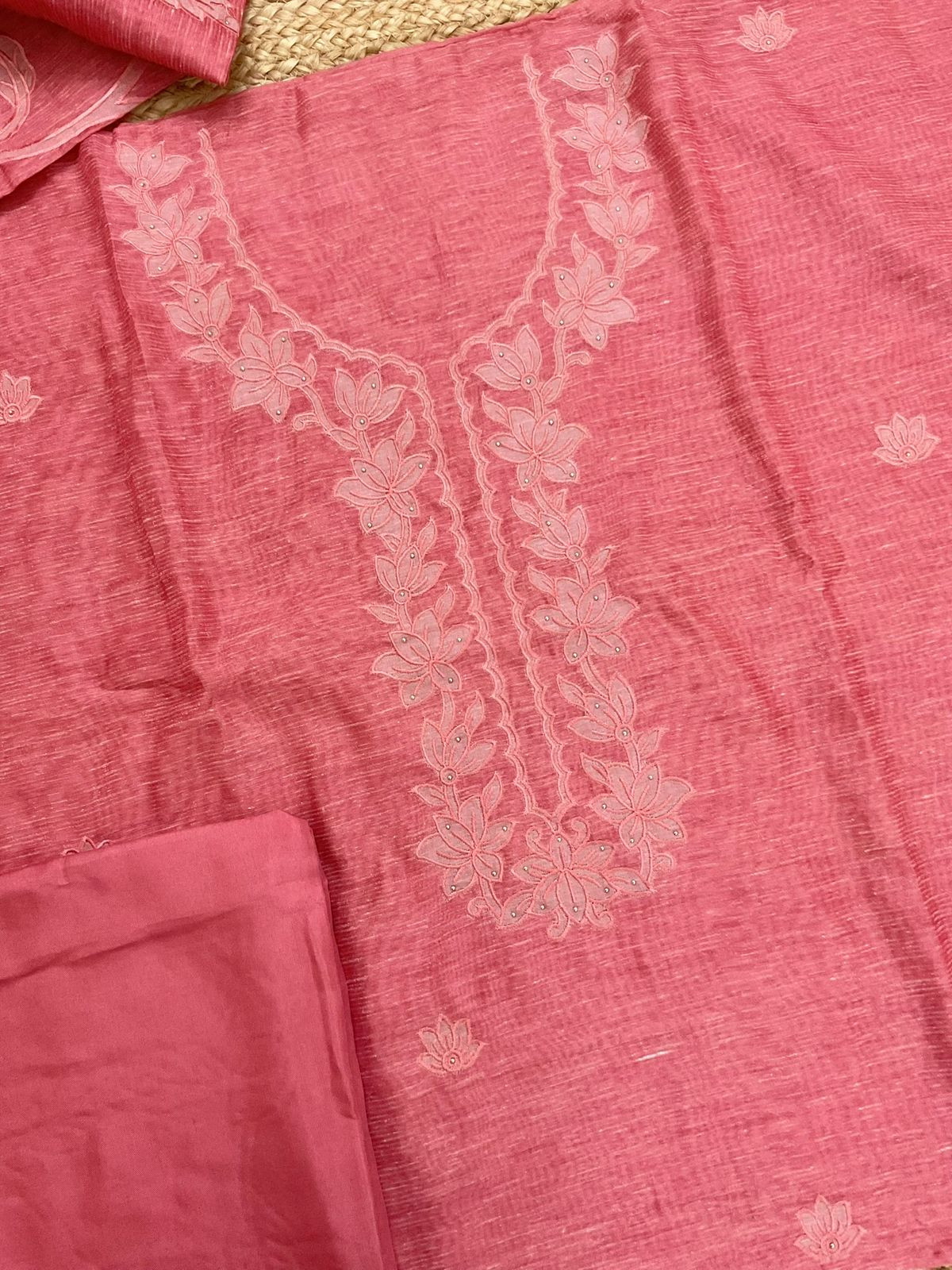 Soft Tissue Slub Cotton Printed Embroidered Suit - Peach