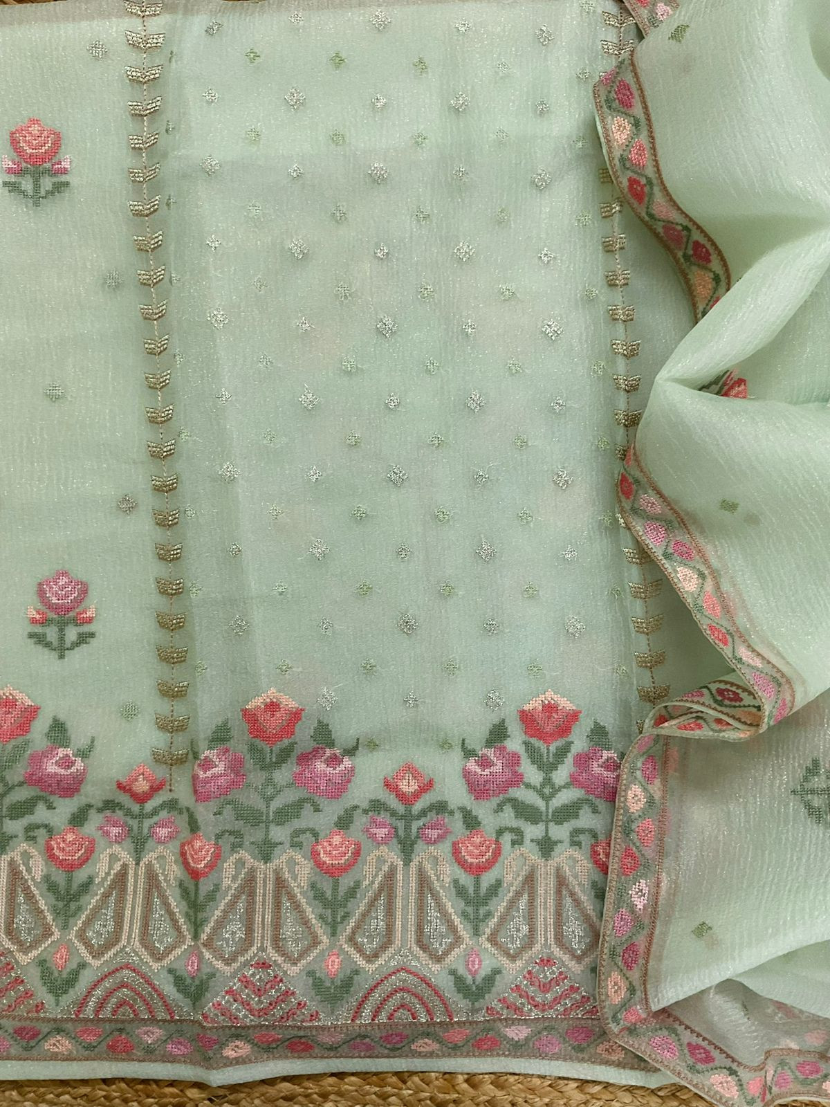 Pure Crushed Shimmer Silk Embroidered Suit - Green