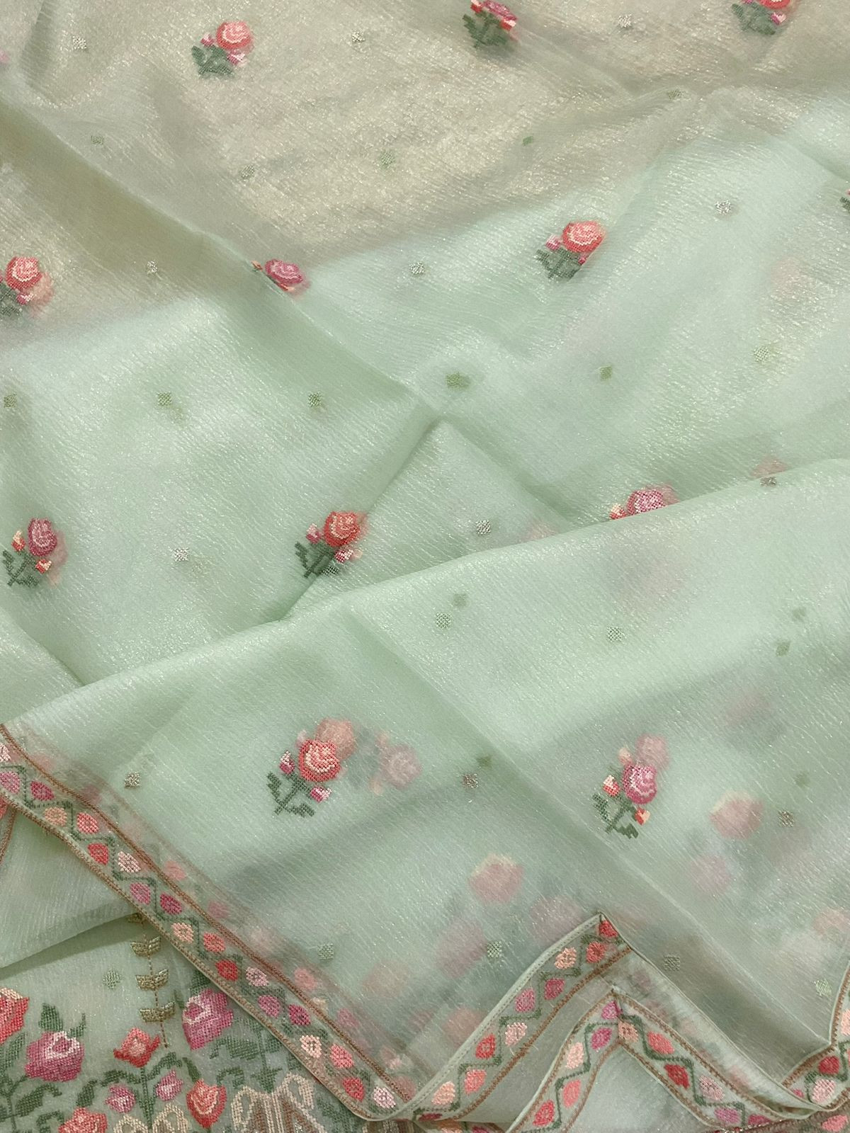 Pure Crushed Shimmer Silk Embroidered Suit - Green