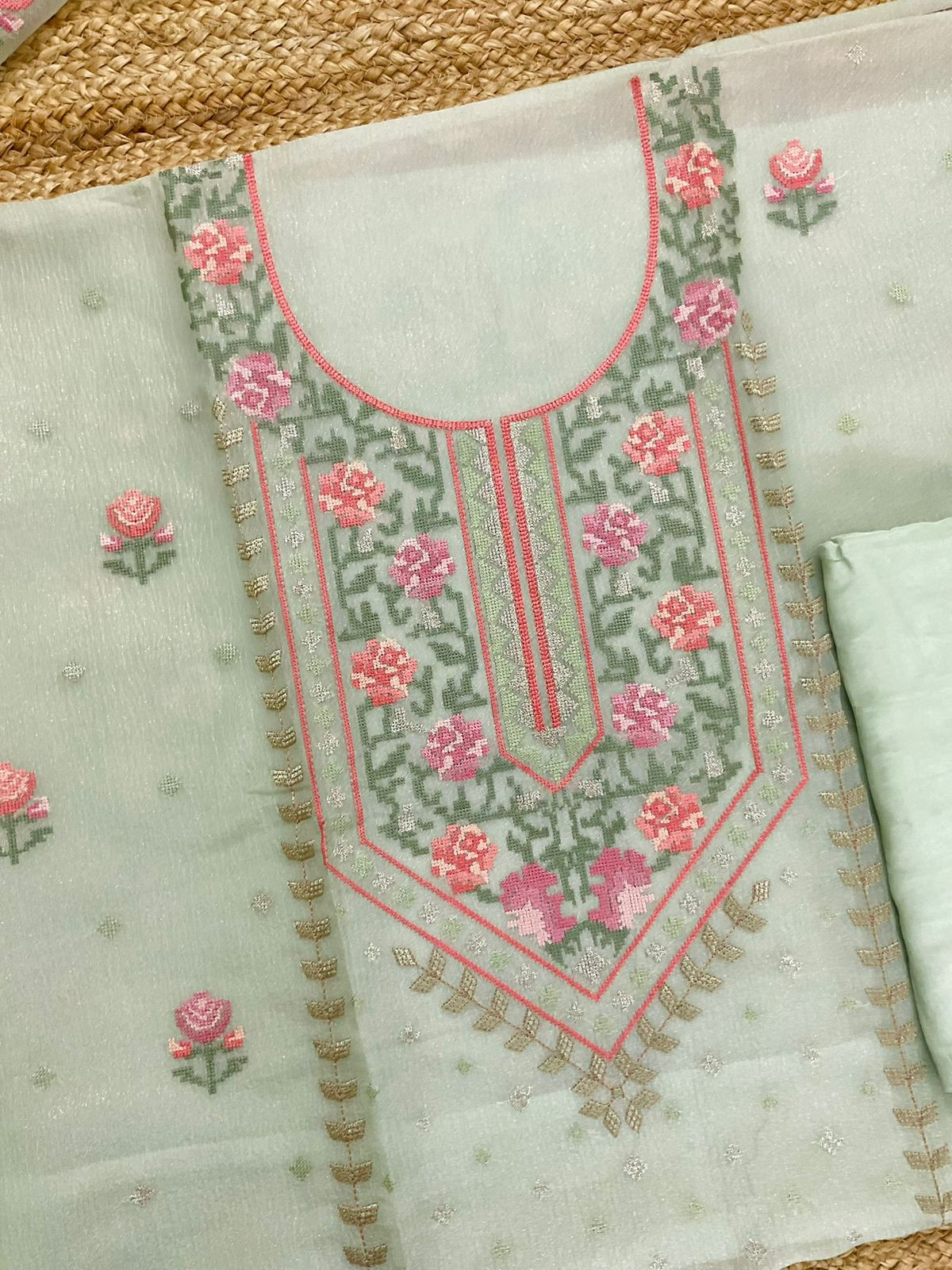 Pure Crushed Shimmer Silk Embroidered Suit - Green