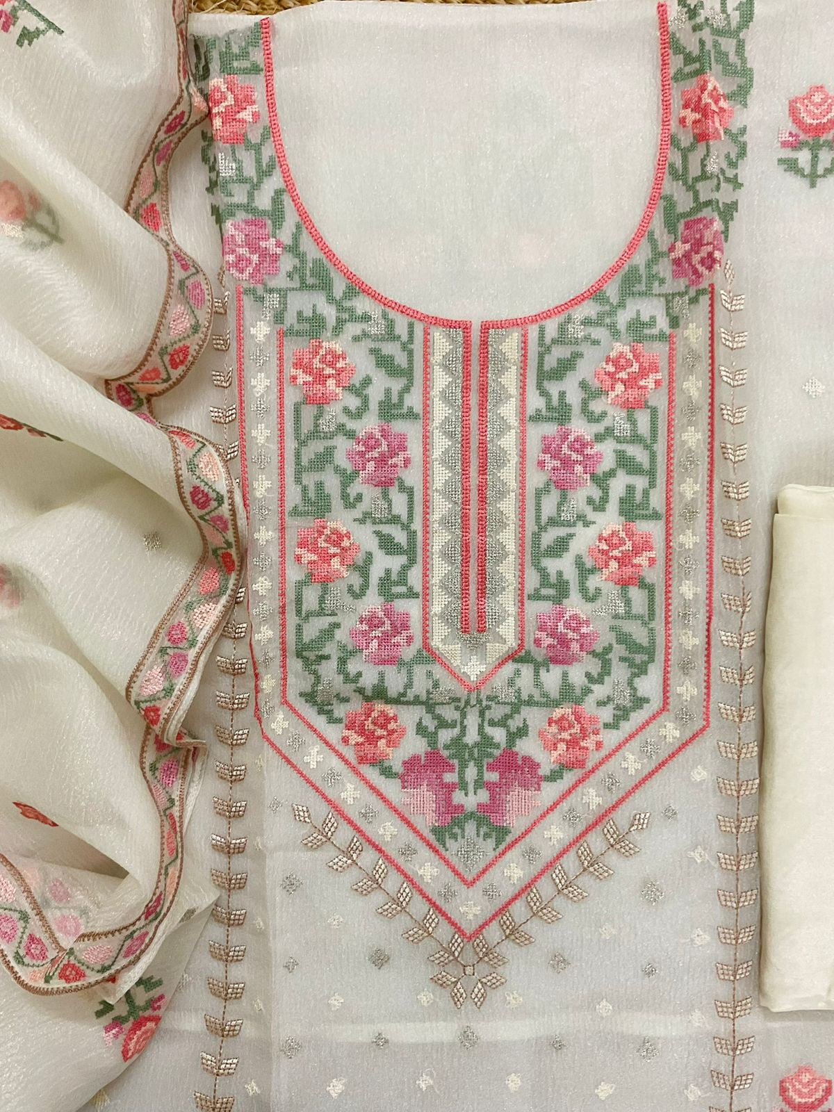 Pure Crushed Shimmer Silk Embroidered Suit - OffWhite