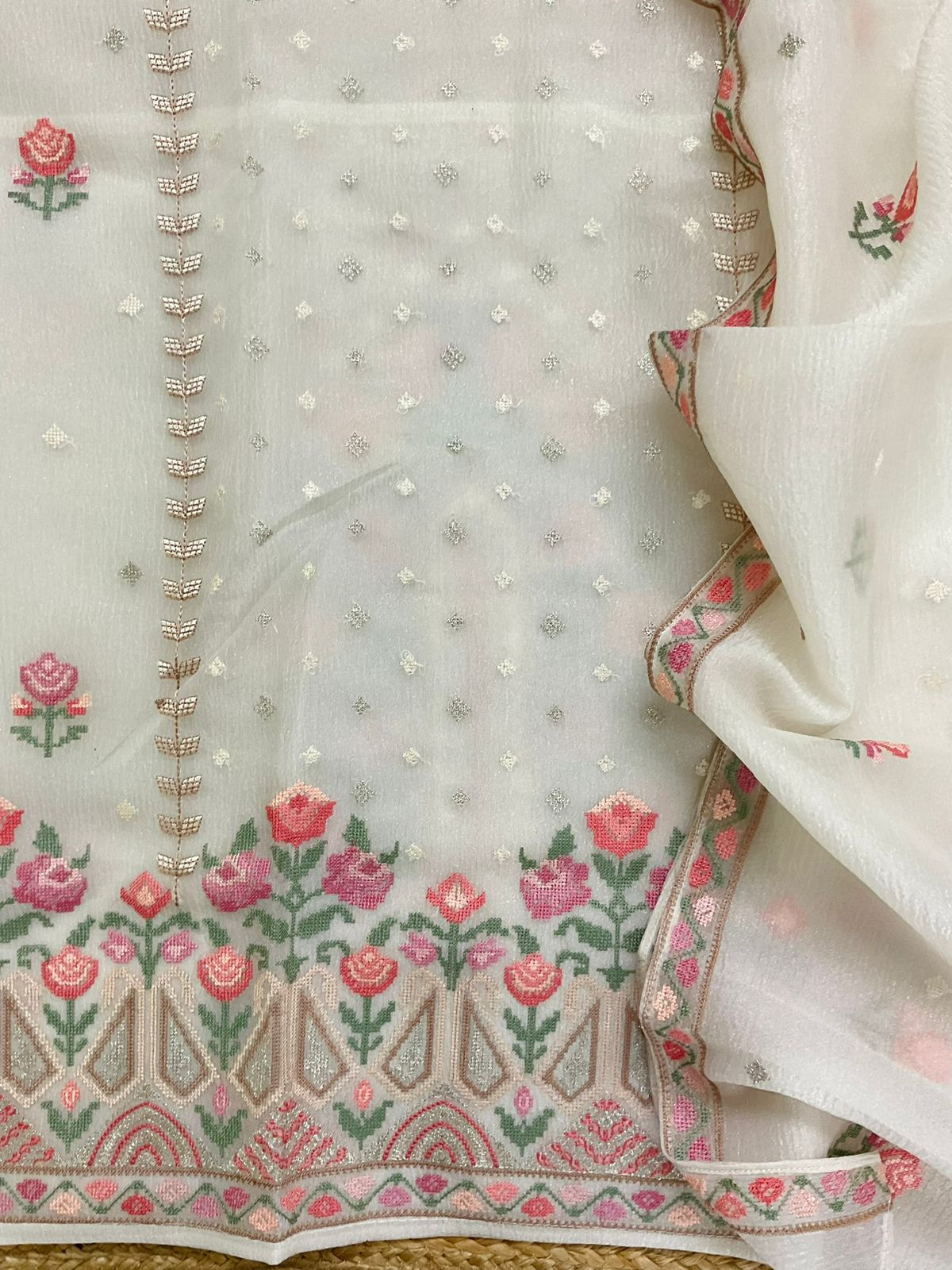 Pure Crushed Shimmer Silk Embroidered Suit - OffWhite