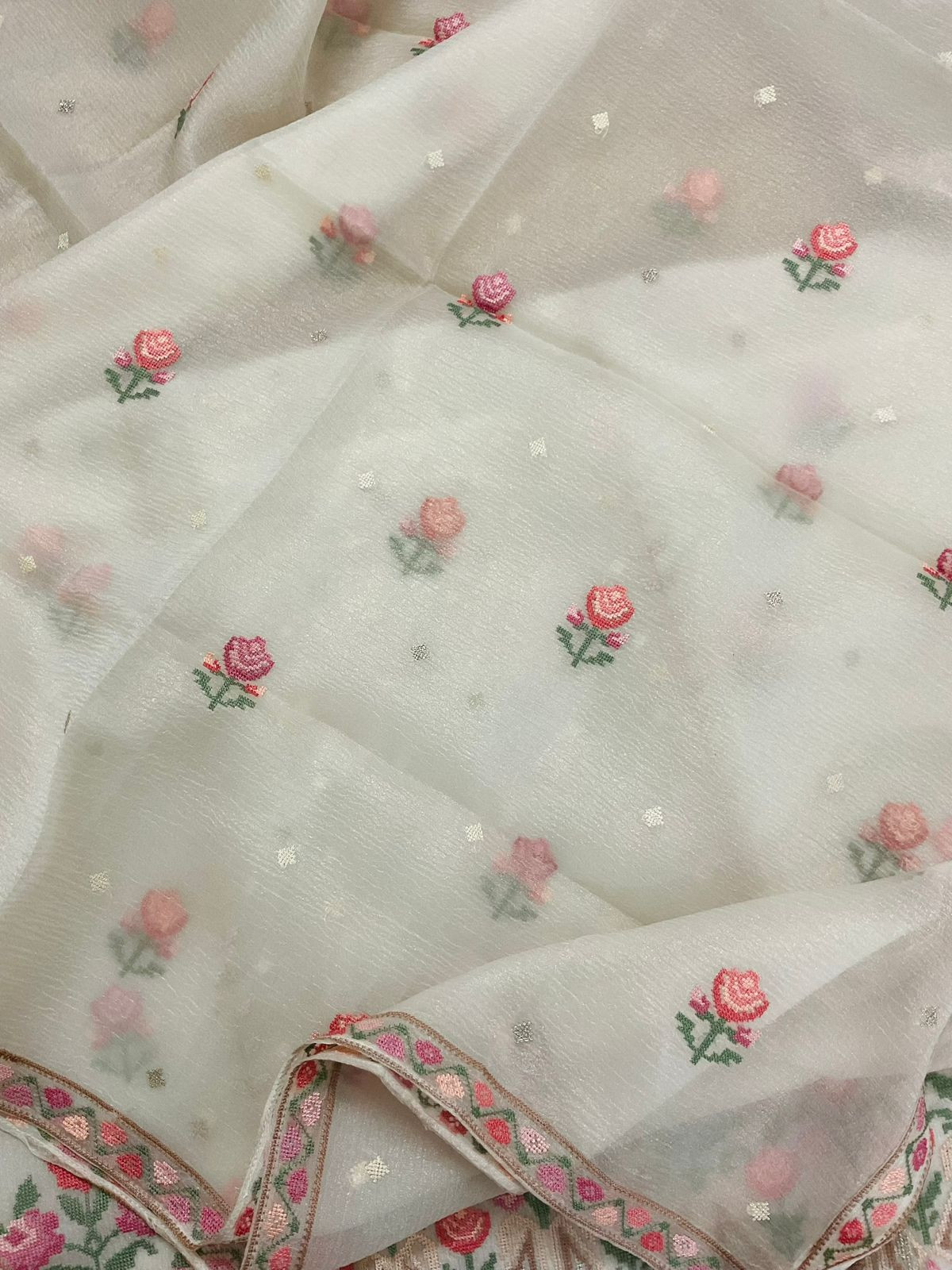 Pure Crushed Shimmer Silk Embroidered Suit - OffWhite