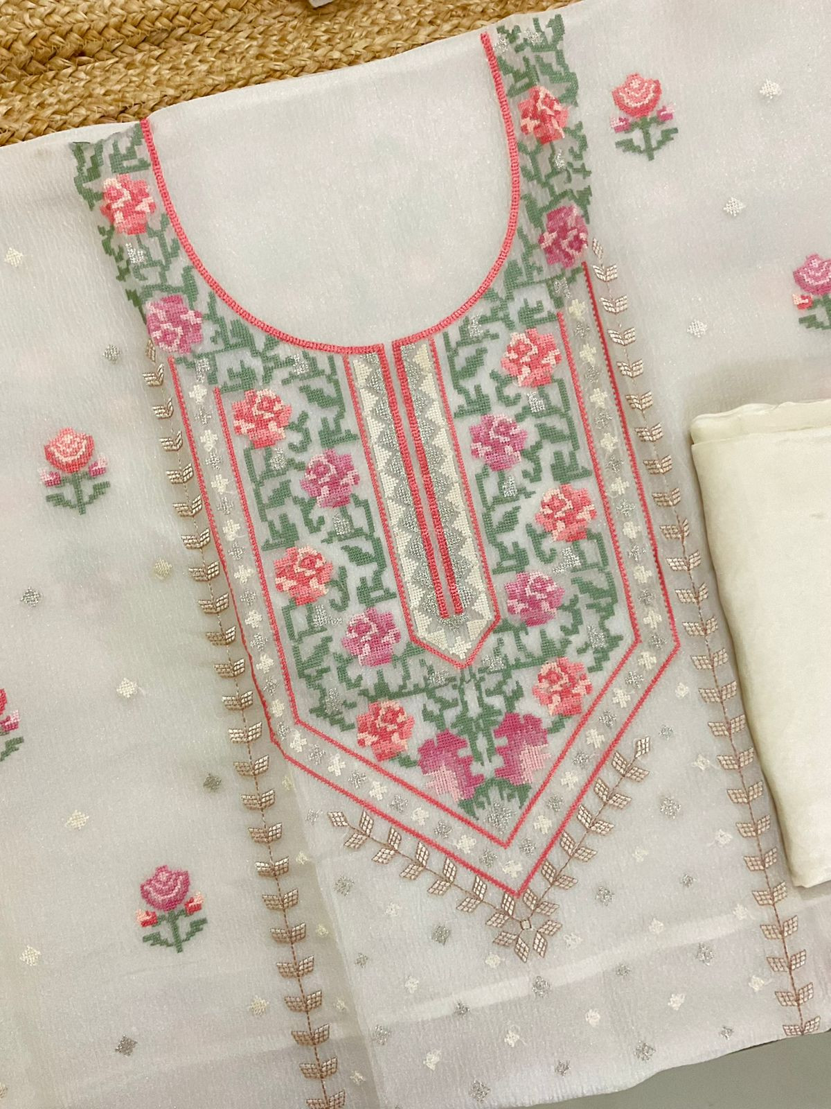 Pure Crushed Shimmer Silk Embroidered Suit - OffWhite