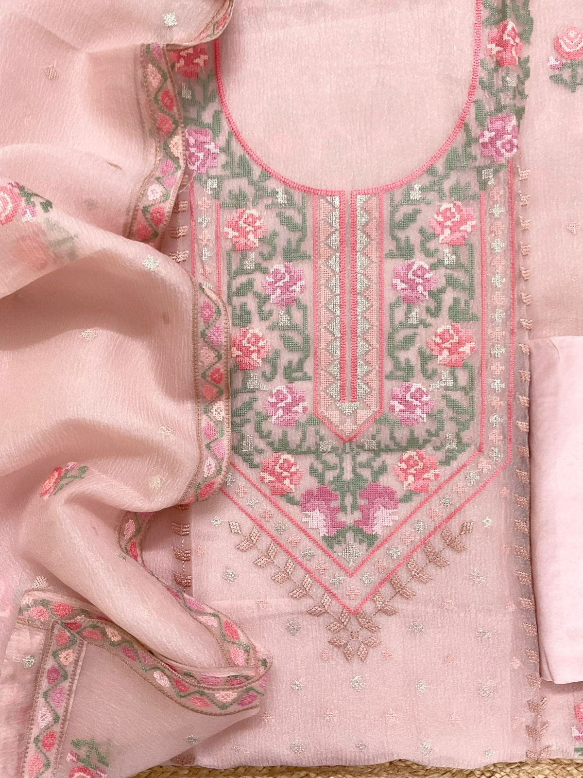 Pure Crushed Shimmer Silk Embroidered Suit - Pink