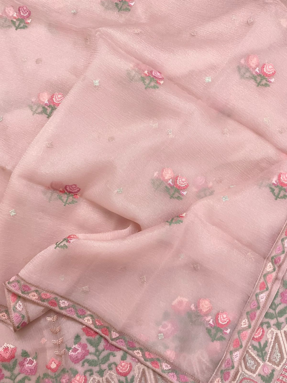 Pure Crushed Shimmer Silk Embroidered Suit - Pink