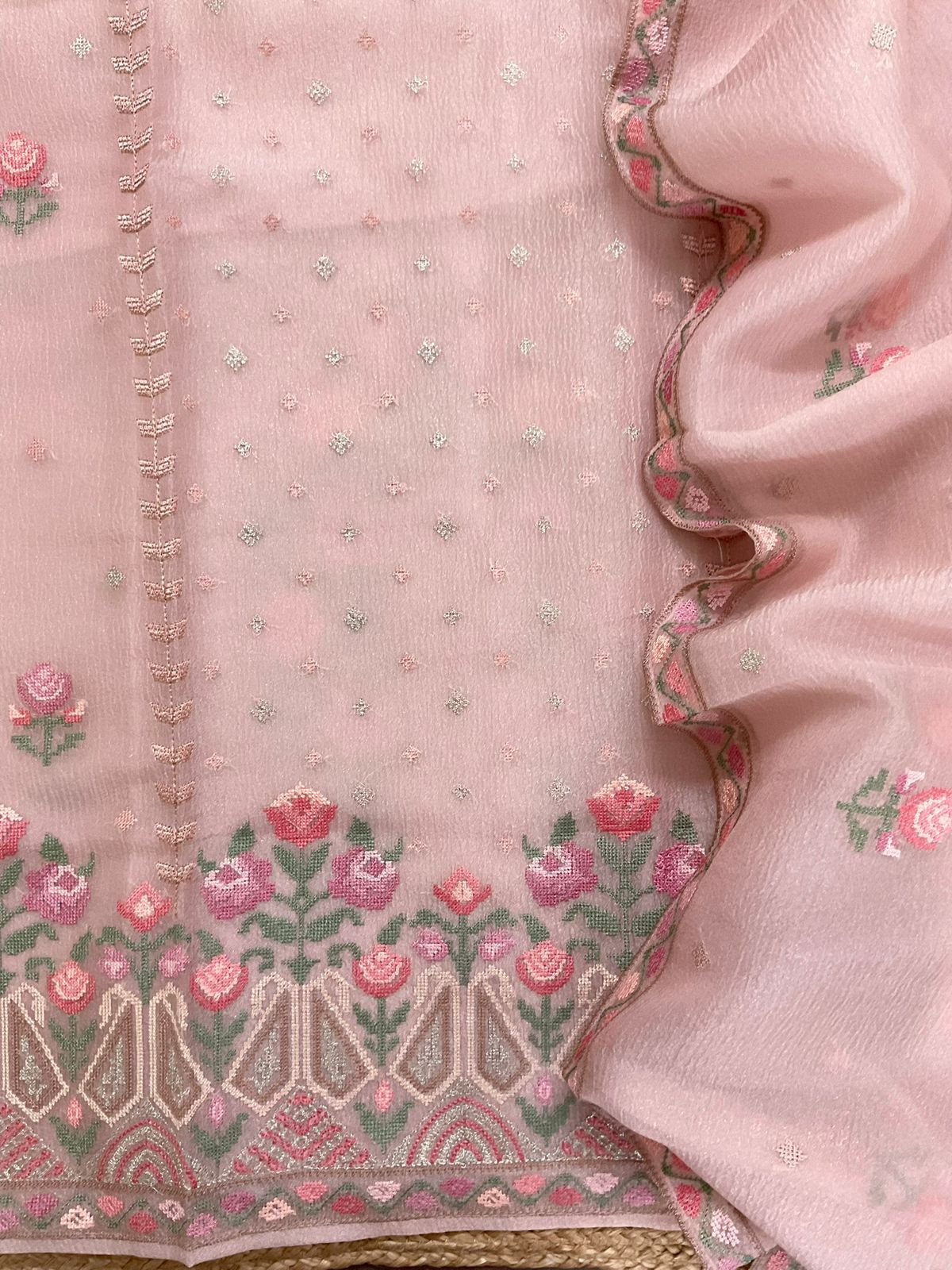 Pure Crushed Shimmer Silk Embroidered Suit - Pink