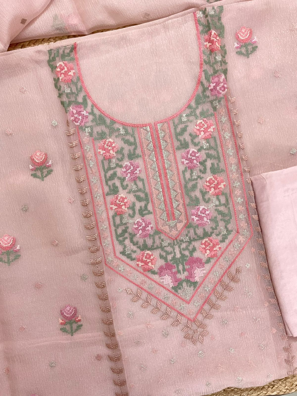 Pure Crushed Shimmer Silk Embroidered Suit - Pink