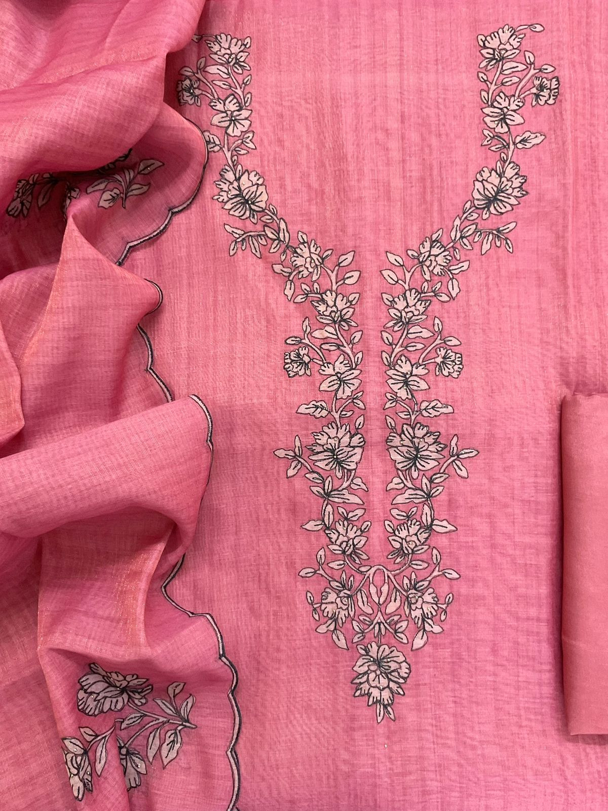 Soft Tissue Slub Cotton Printed Embroidered Suit - Pink