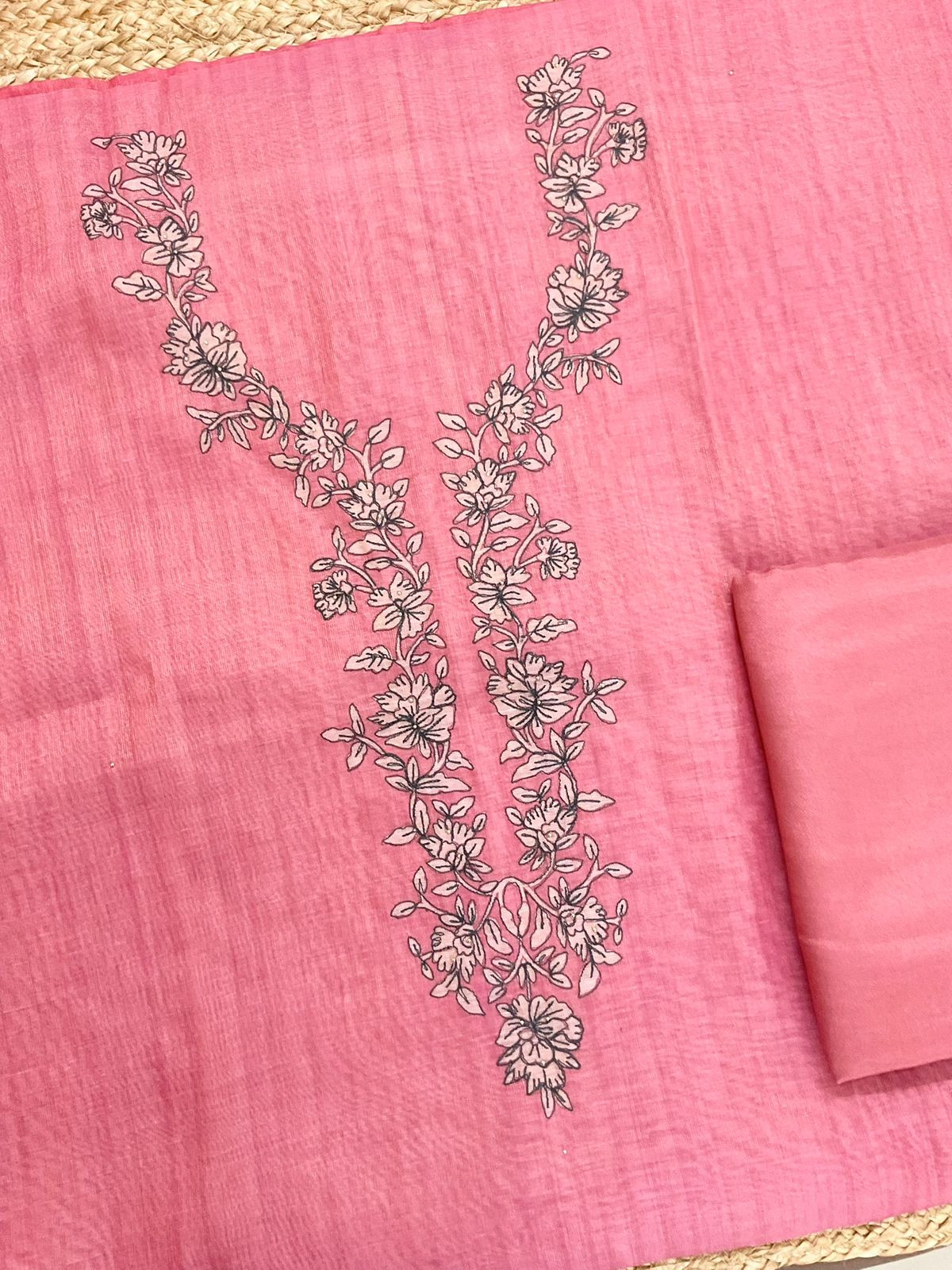 Soft Tissue Slub Cotton Printed Embroidered Suit - Pink