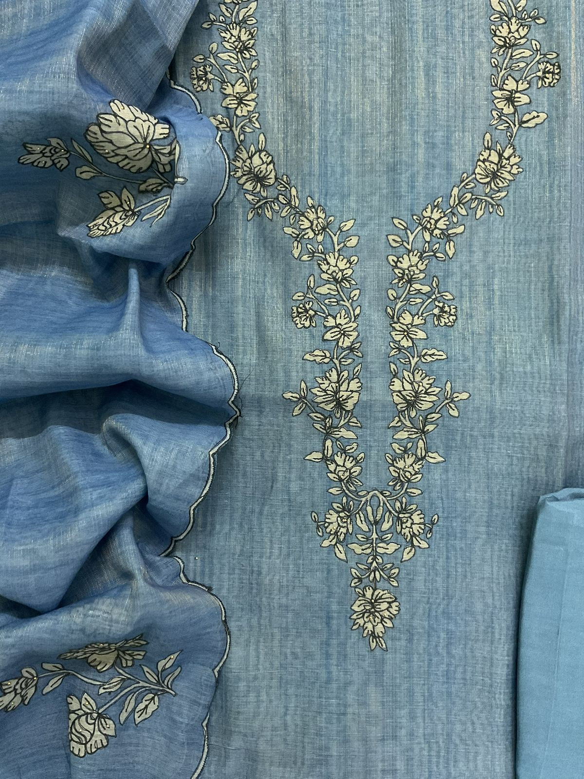 Soft Tissue Slub Cotton Printed Embroidered Suit - Blue