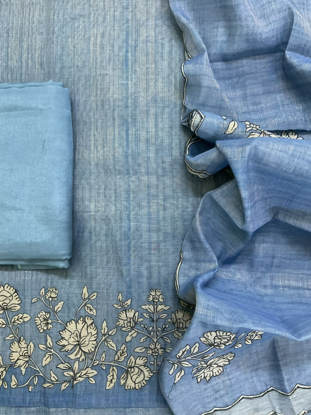 Soft Tissue Slub Cotton Printed Embroidered Suit - Blue