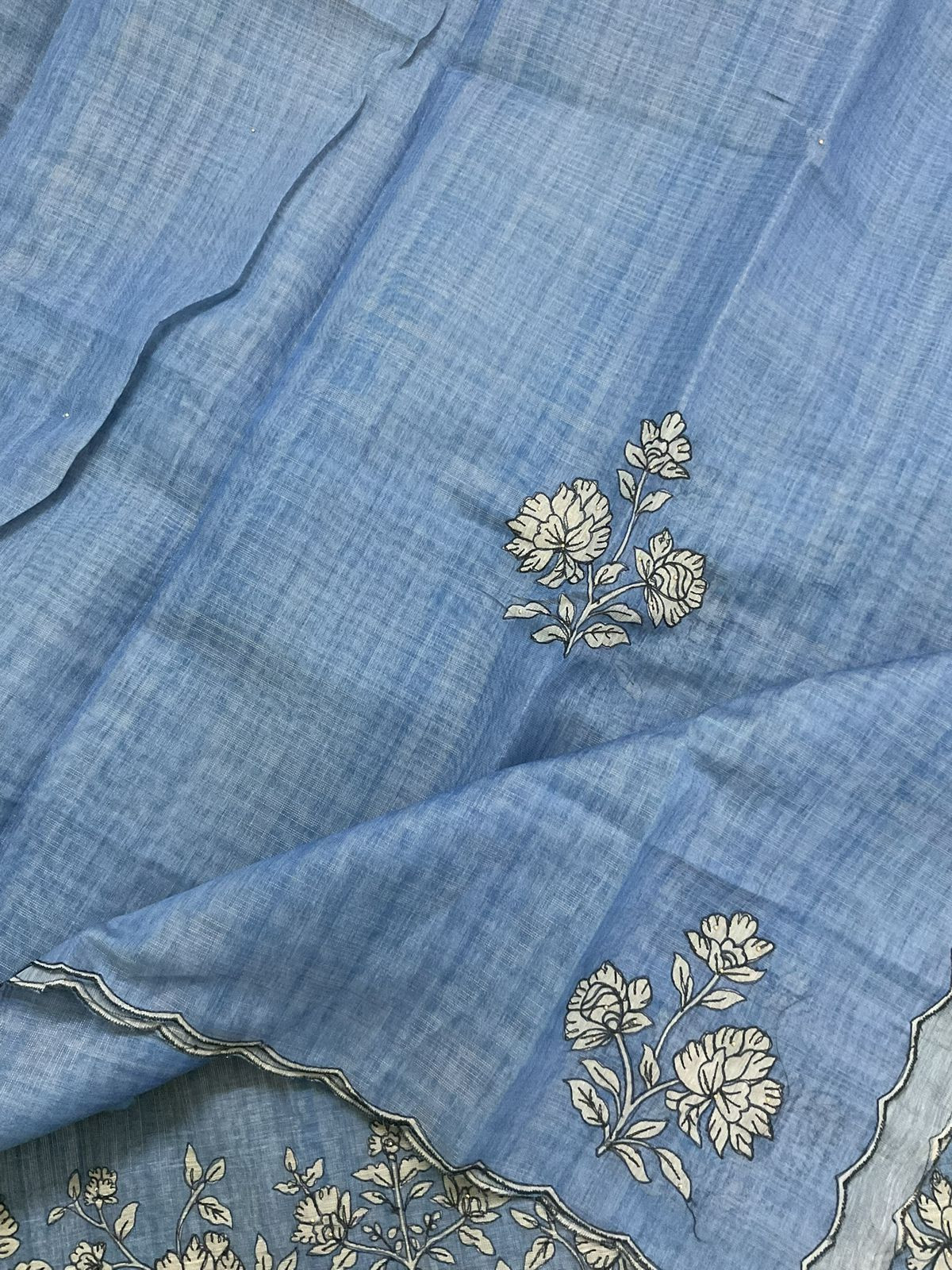 Soft Tissue Slub Cotton Printed Embroidered Suit - Blue