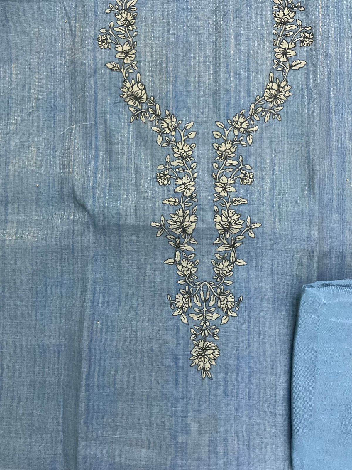 Soft Tissue Slub Cotton Printed Embroidered Suit - Blue