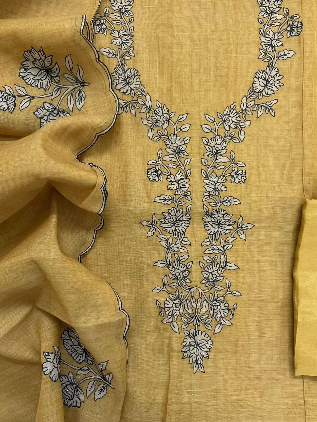 Soft Tissue Slub Cotton Printed Embroidered Suit -Yellow