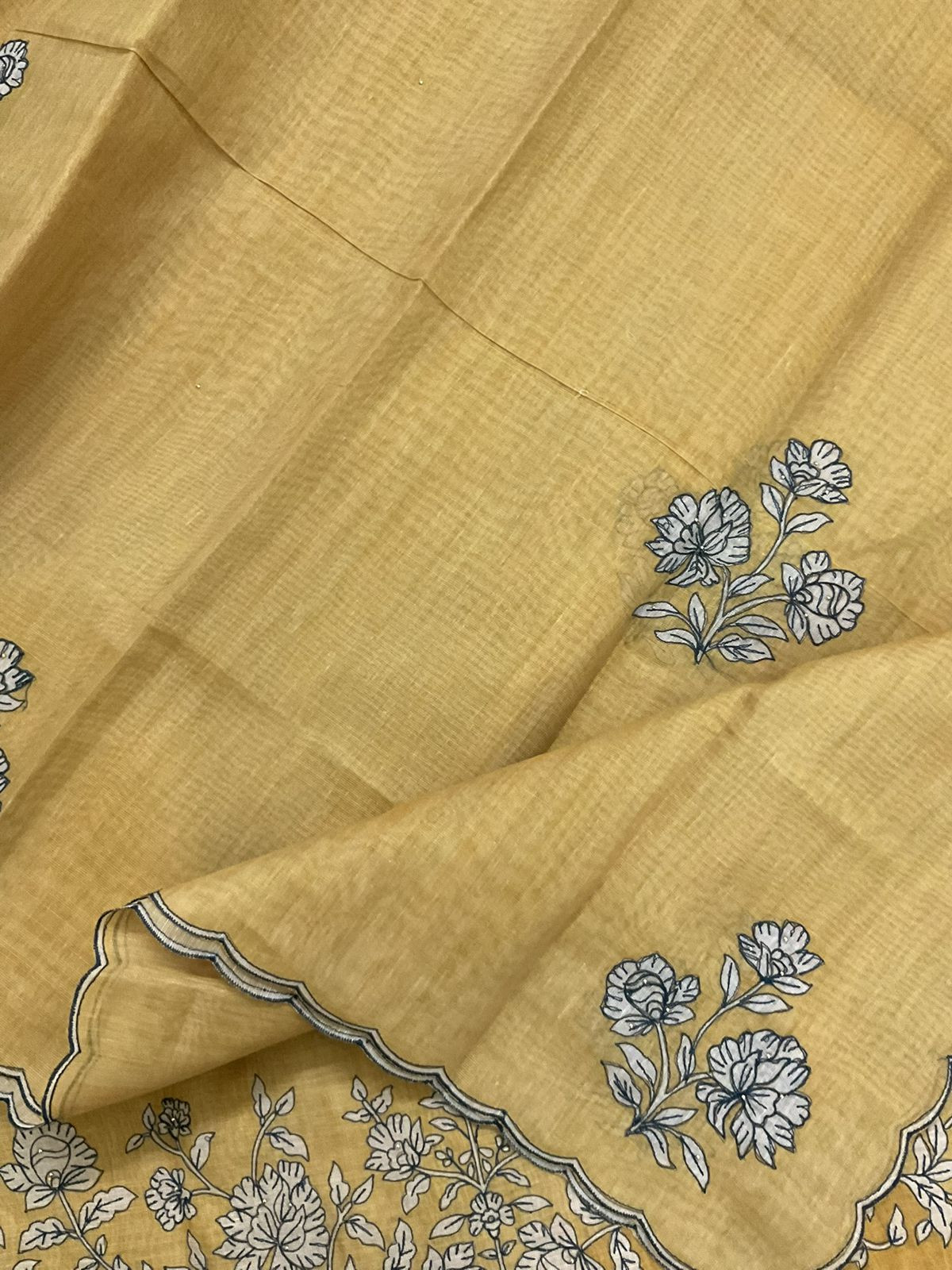 Soft Tissue Slub Cotton Printed Embroidered Suit -Yellow