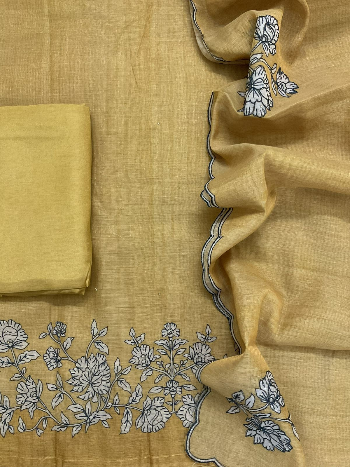 Soft Tissue Slub Cotton Printed Embroidered Suit -Yellow