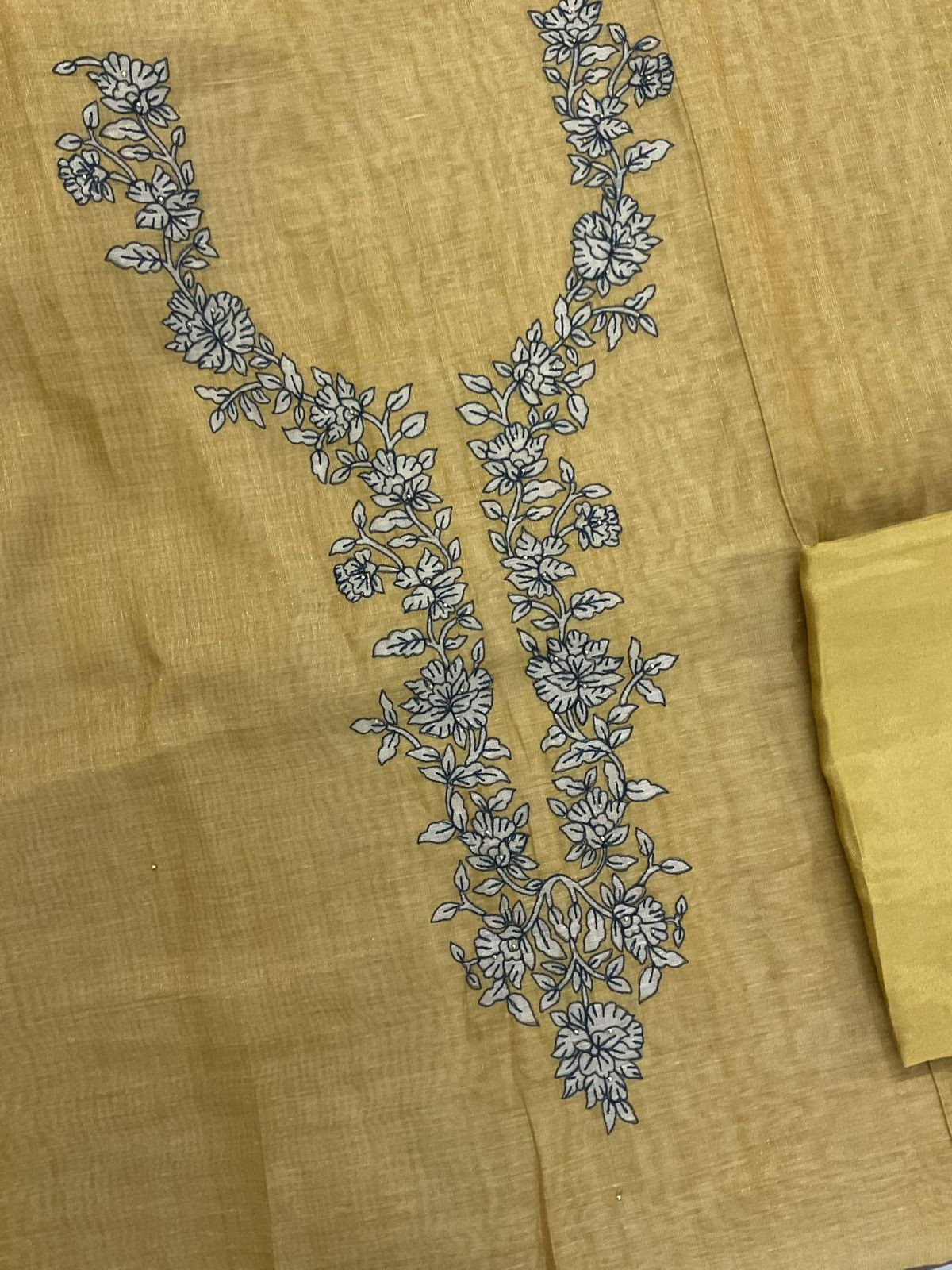 Soft Tissue Slub Cotton Printed Embroidered Suit -Yellow