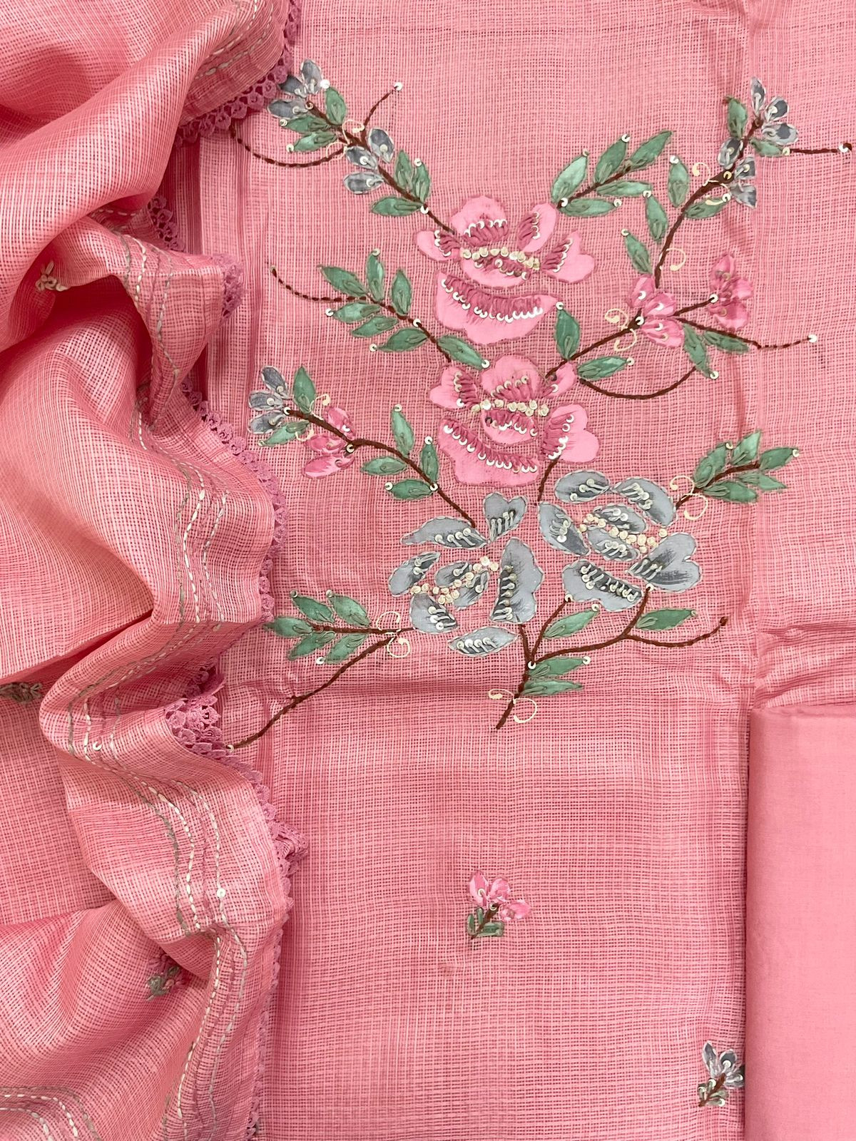 Soft Kota Silk Brush Painted Embroidered Suit - Pink
