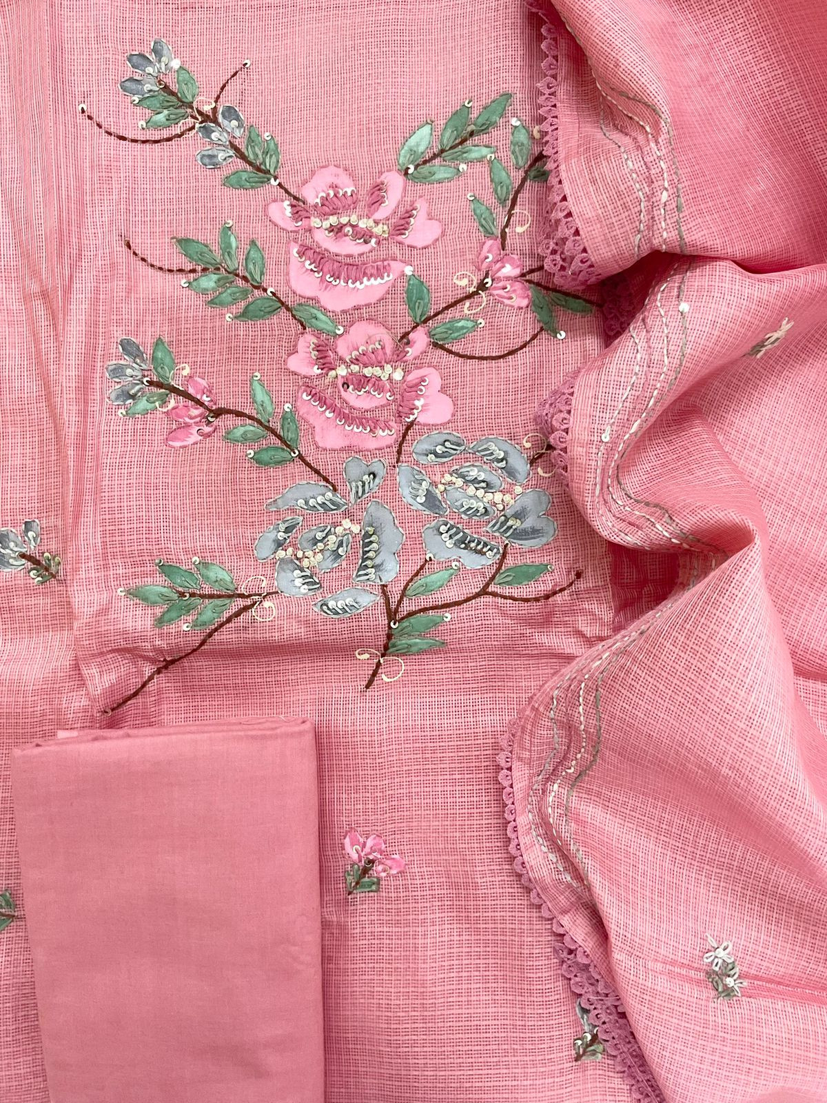 Soft Kota Silk Brush Painted Embroidered Suit - Pink