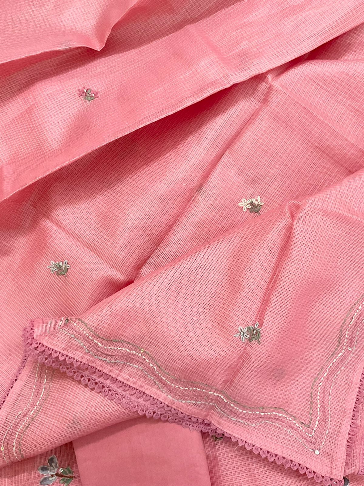 Soft Kota Silk Brush Painted Embroidered Suit - Pink